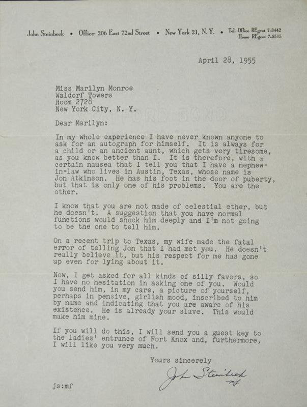 John Steinbeck's mysterious autograph request to Marilyn Monroe