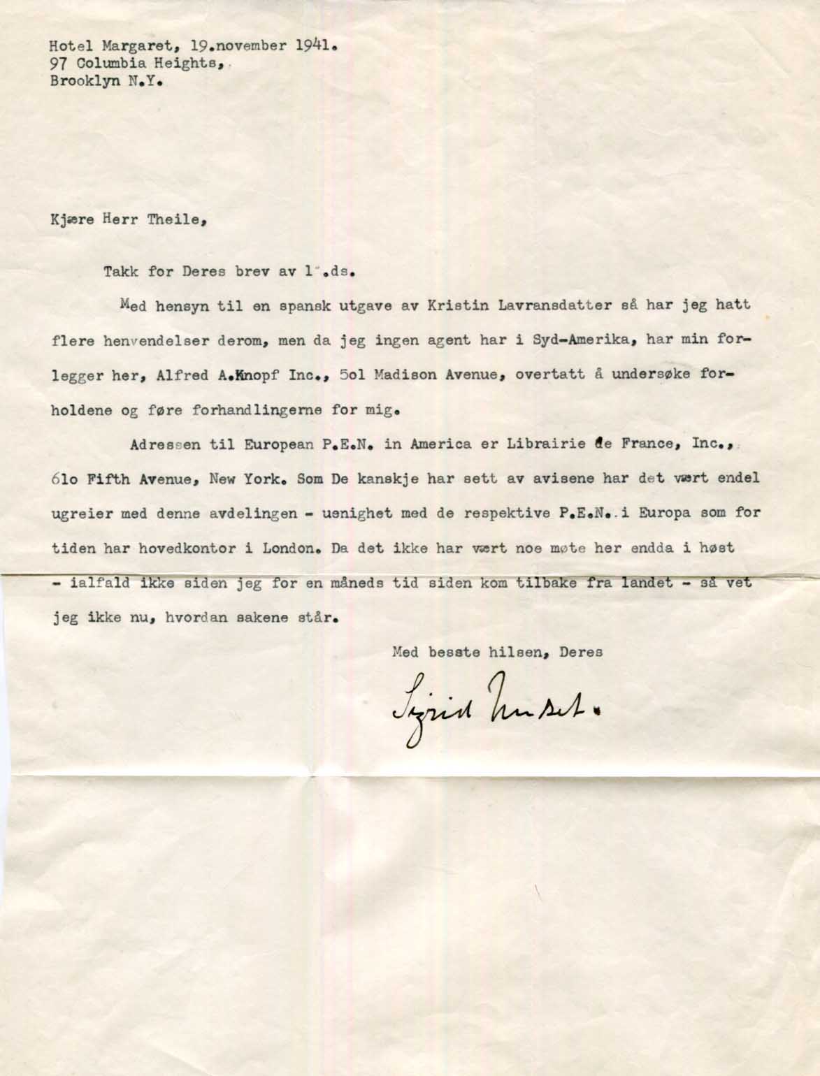 Sigrit Undset Autograph