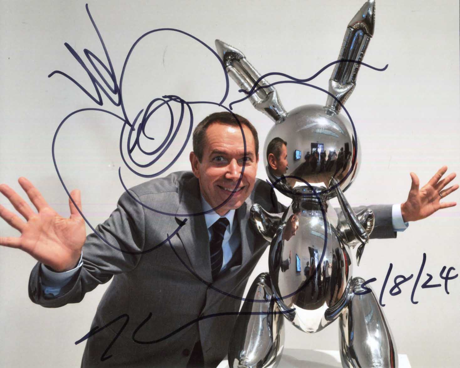 Jeff Koons autograph, photograph with original flower drawing signed
