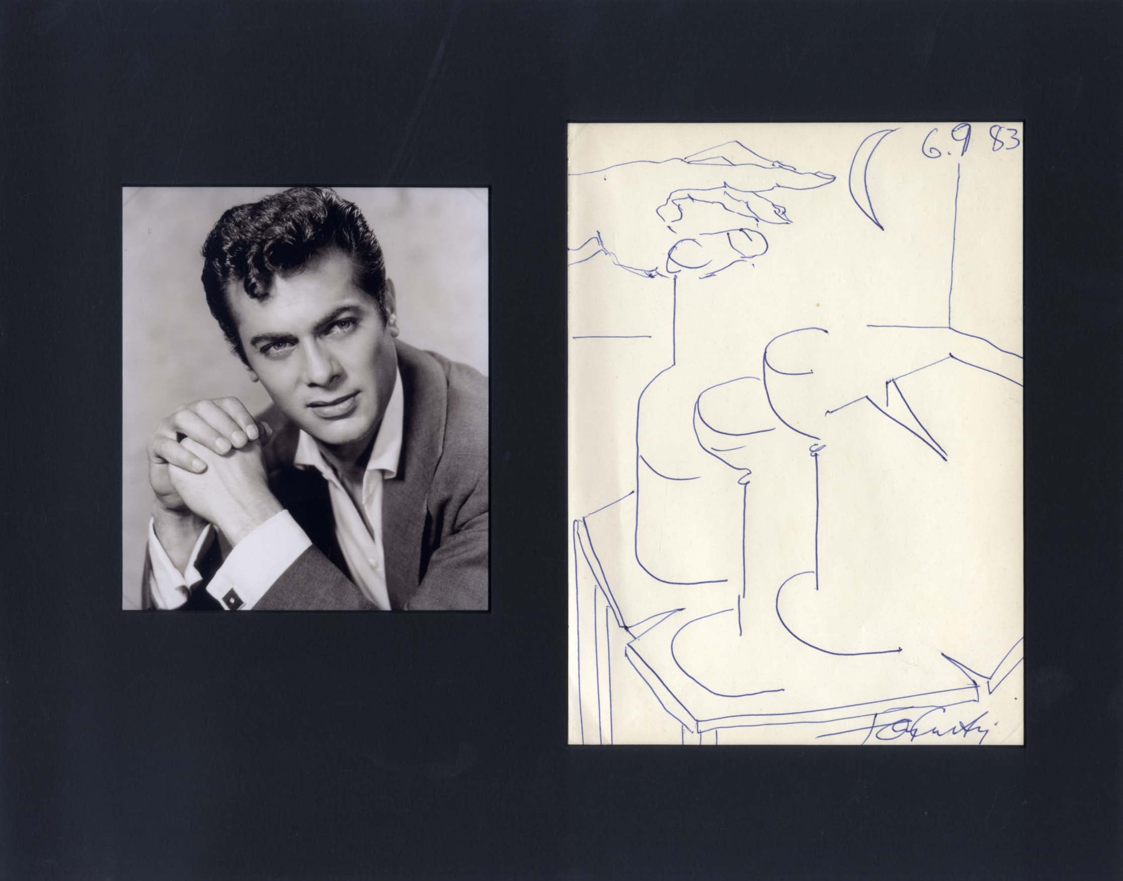 Tony Curtis autograph, original hand drawn sketch signed & mounted
