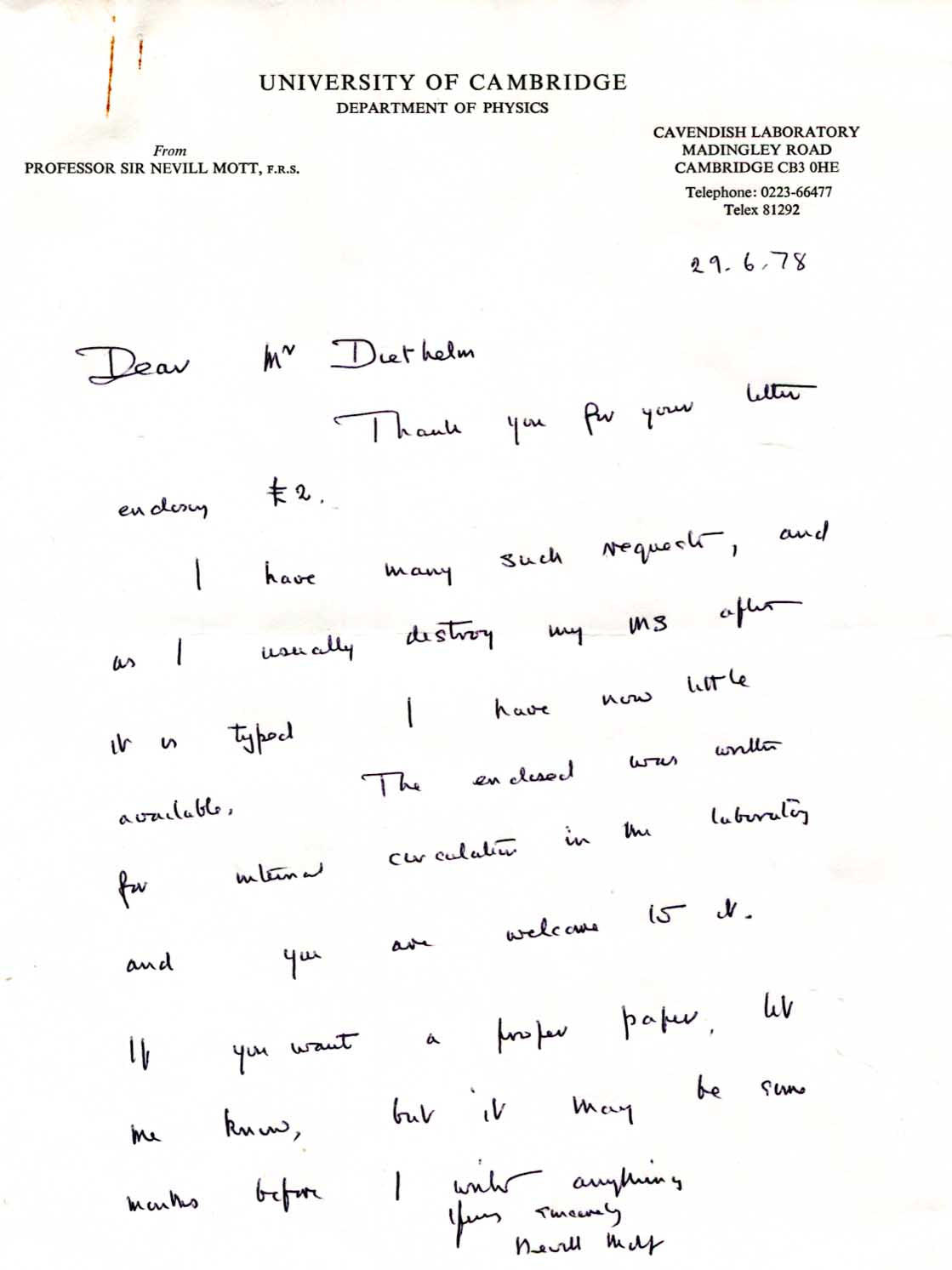 Nevill Francis Mott Autogramme