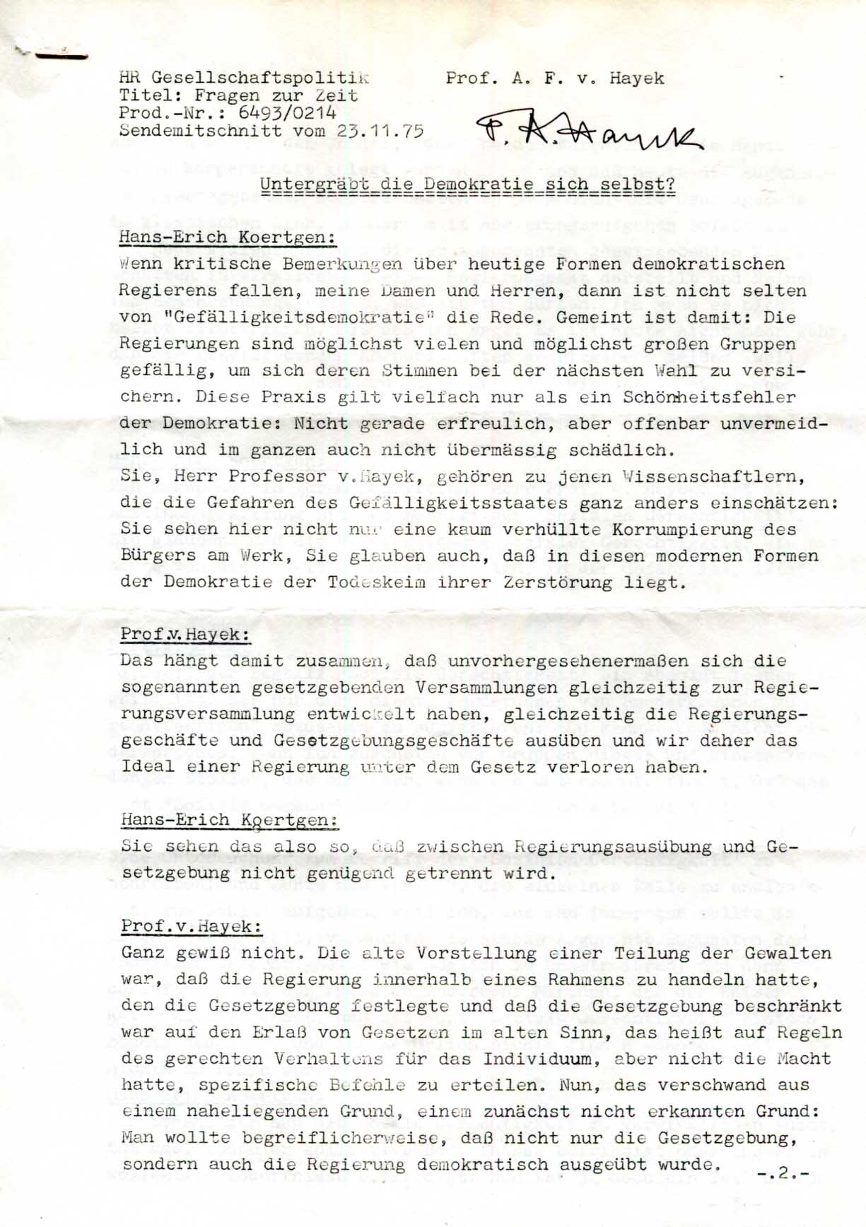 Friedrich August Hayek Autograph