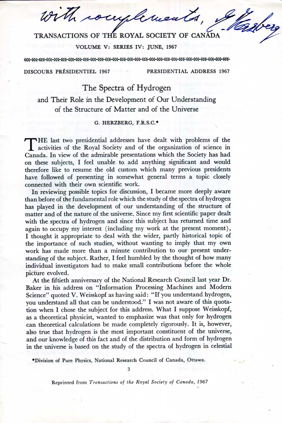 Gerhard Herzberg Autograph