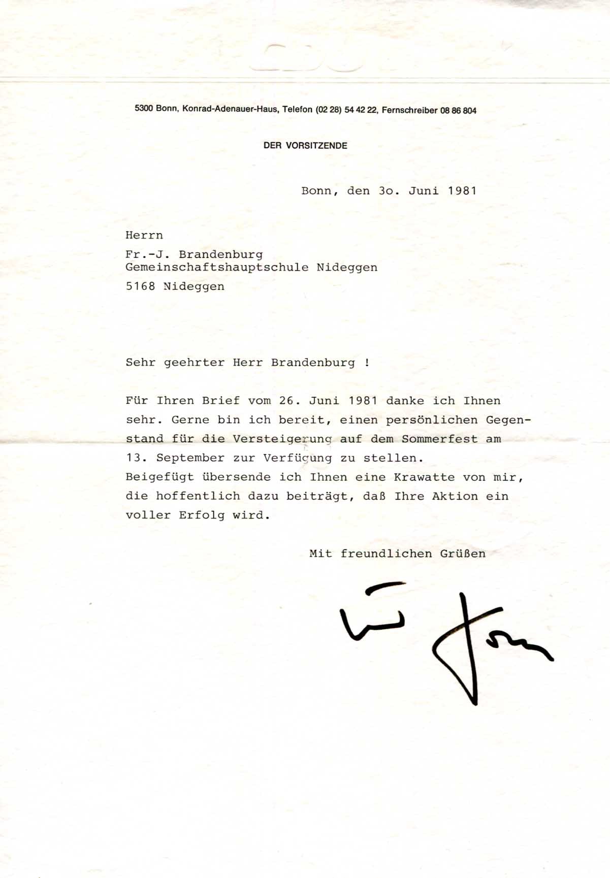 Helmut Kohl Autograph