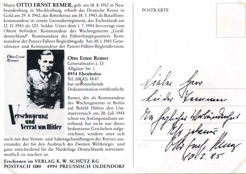 Otto Ernst Remer Autograph Autogramm | ID 16011630379389