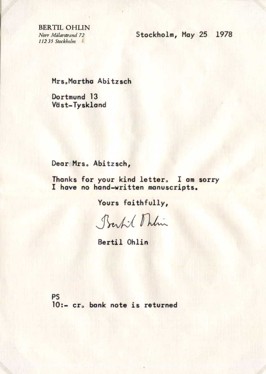 Bertil Ohlin Autograph