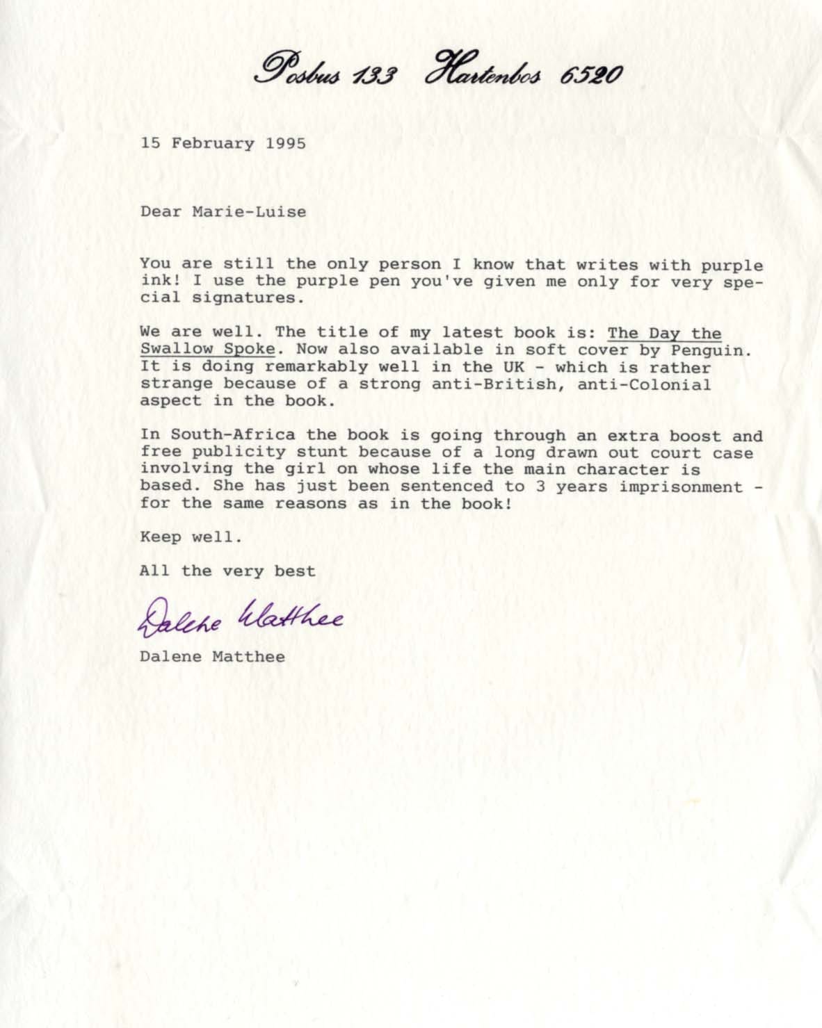 Dalene Matthee Autograph