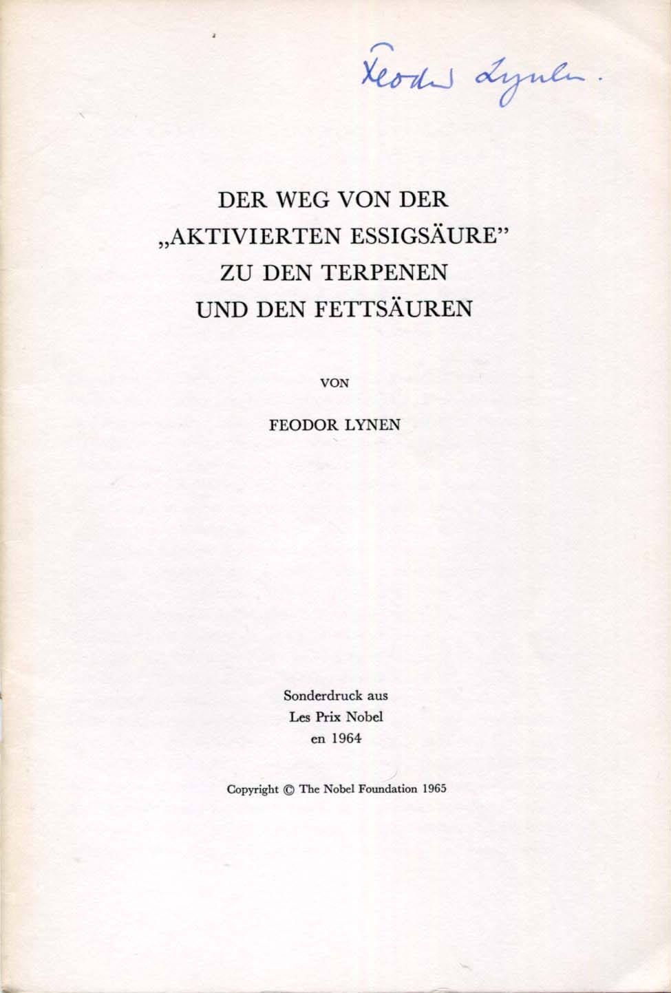 Feodor Felix Konrad Lynen Autograph Autogramm | ID 8245559263381