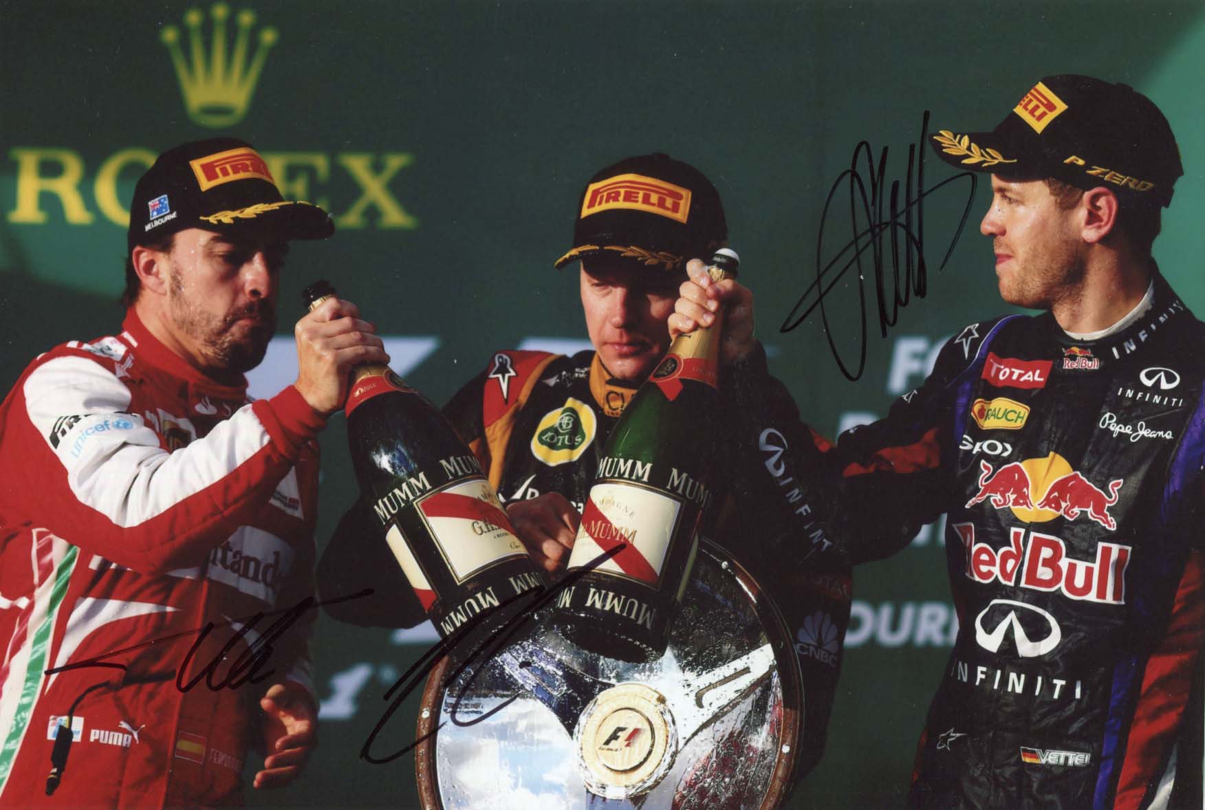 Sebastian &amp; Kimi &amp; Fernando Vettel &amp; Räikkönen &amp; Alonso Autograph Autogramm | ID 8067142549653