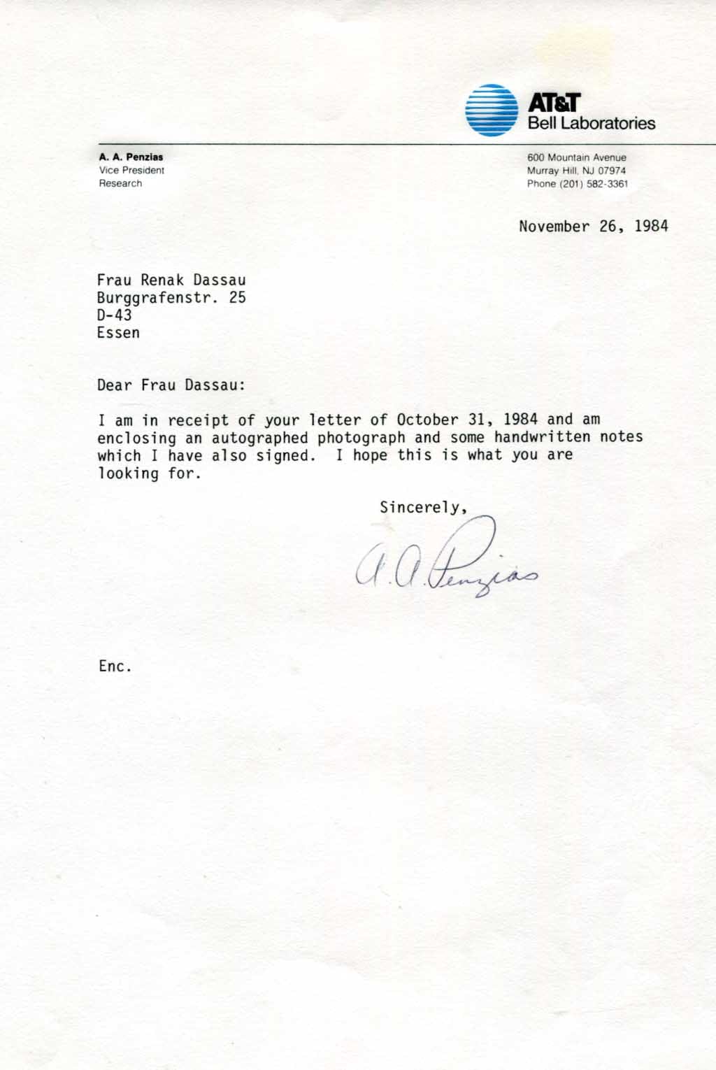 Arno Allan Penzias Autograph Autogramm | ID 7837243342997