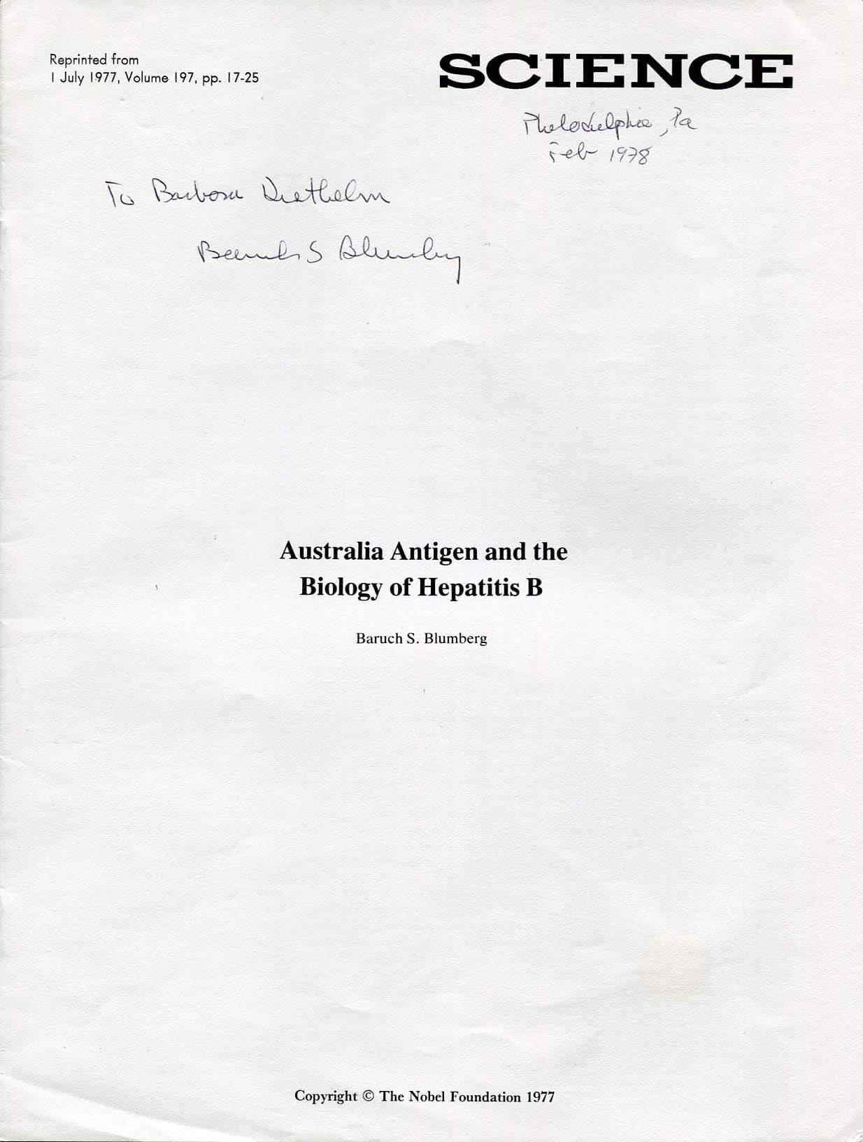 Blumberg, Baruch Samuel autograph