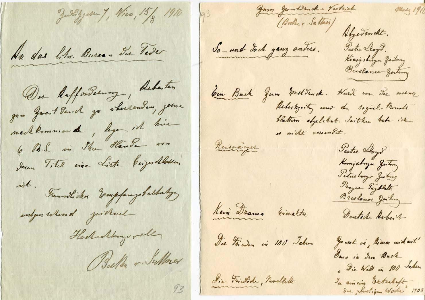 von Suttner, Bertha autograph