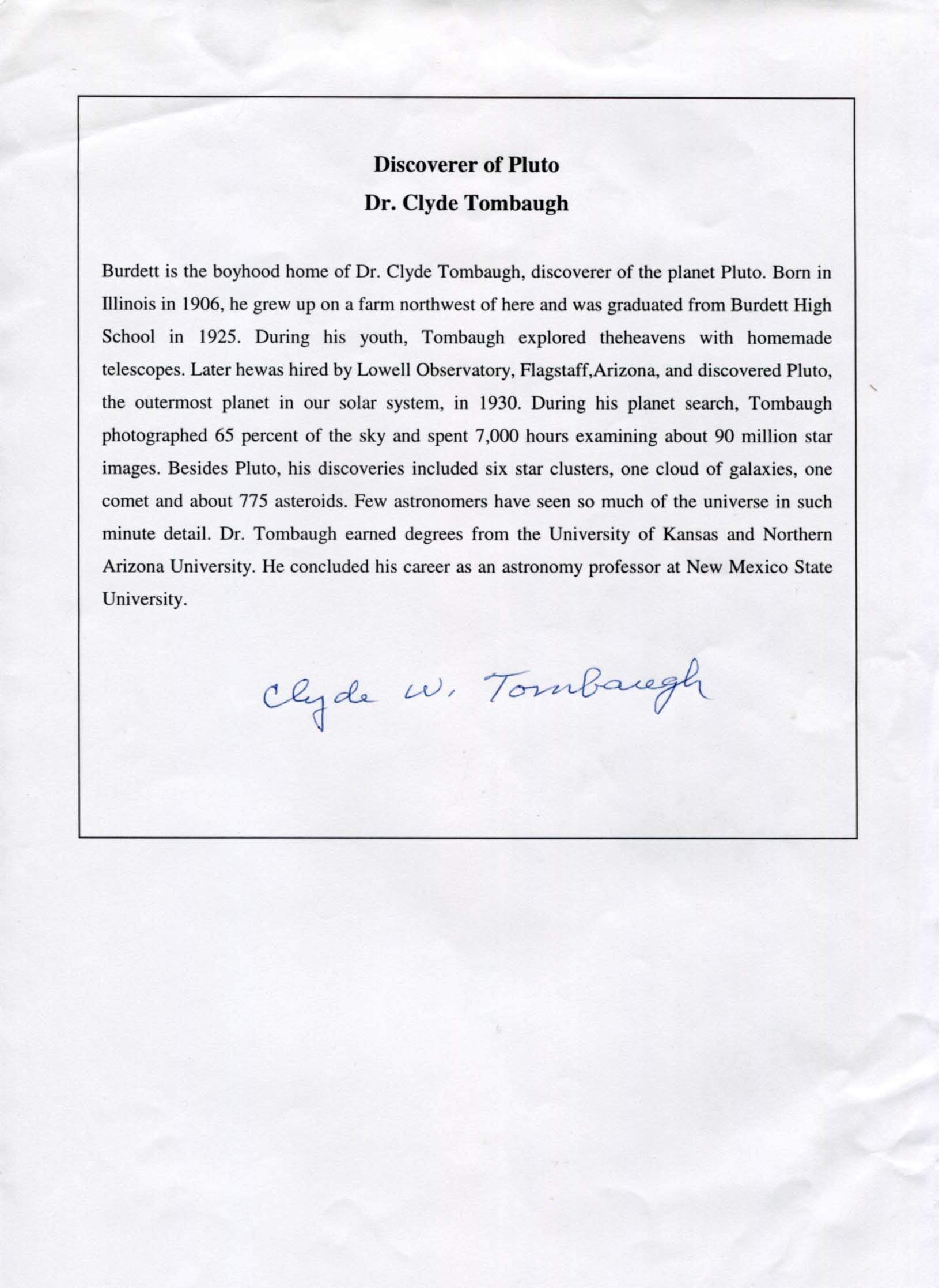 Tombaugh, Clyde William autograph