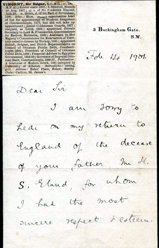 1st Viscount D'Abernon, Edgar Vincent autograph