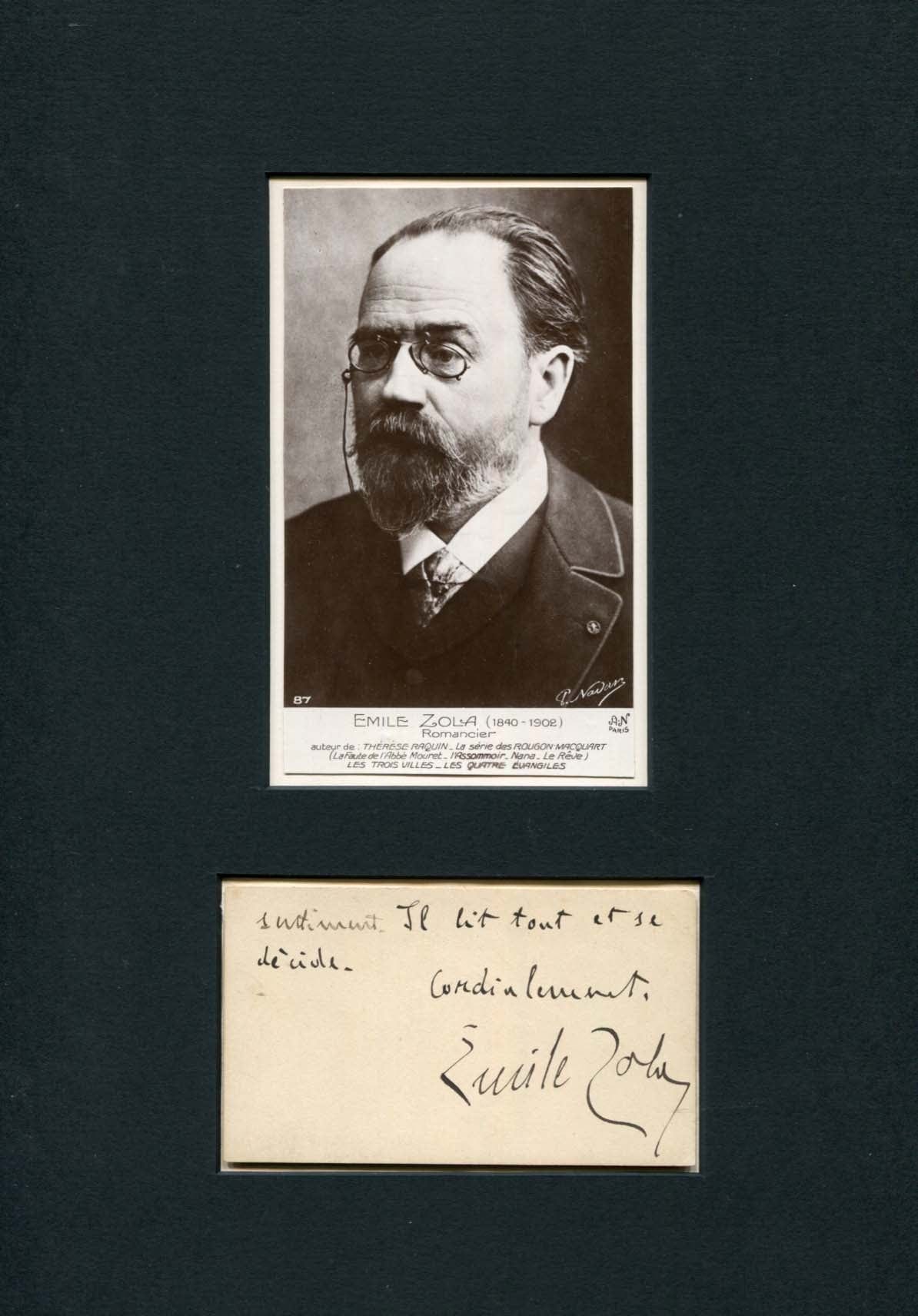 Emile Zola Autograph note signed & mounted