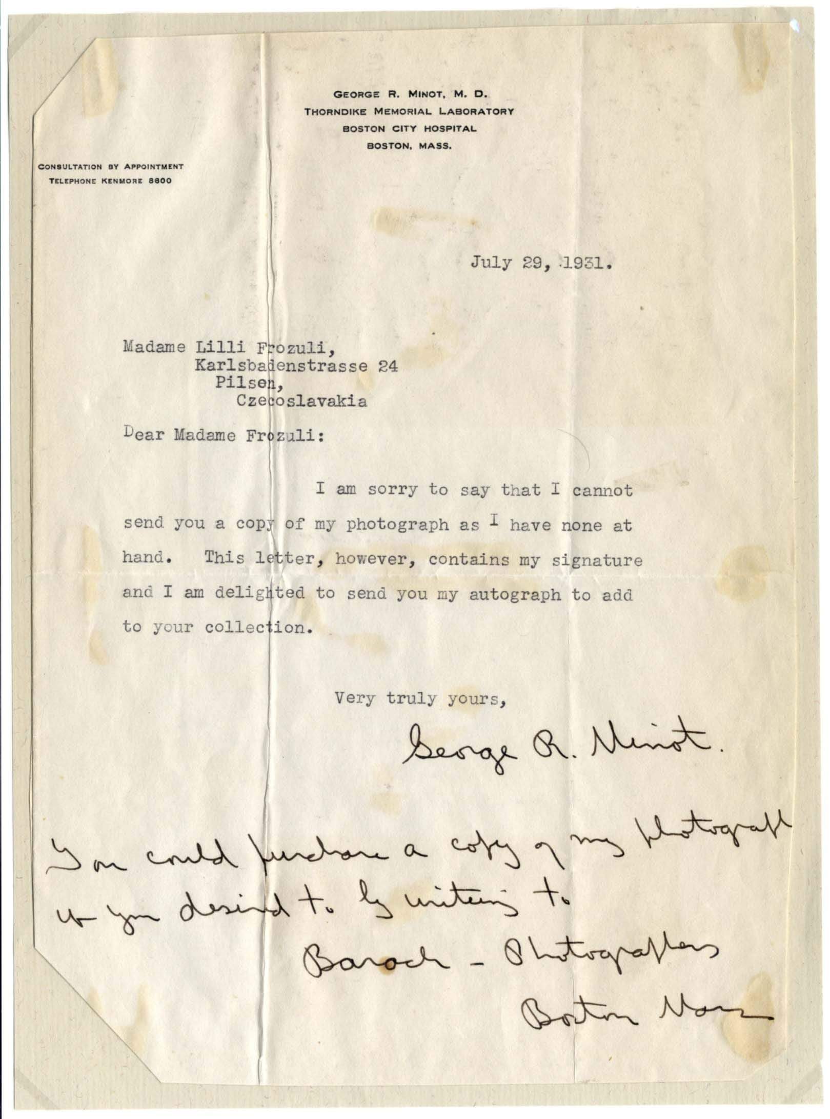 Minot, George Richards autograph