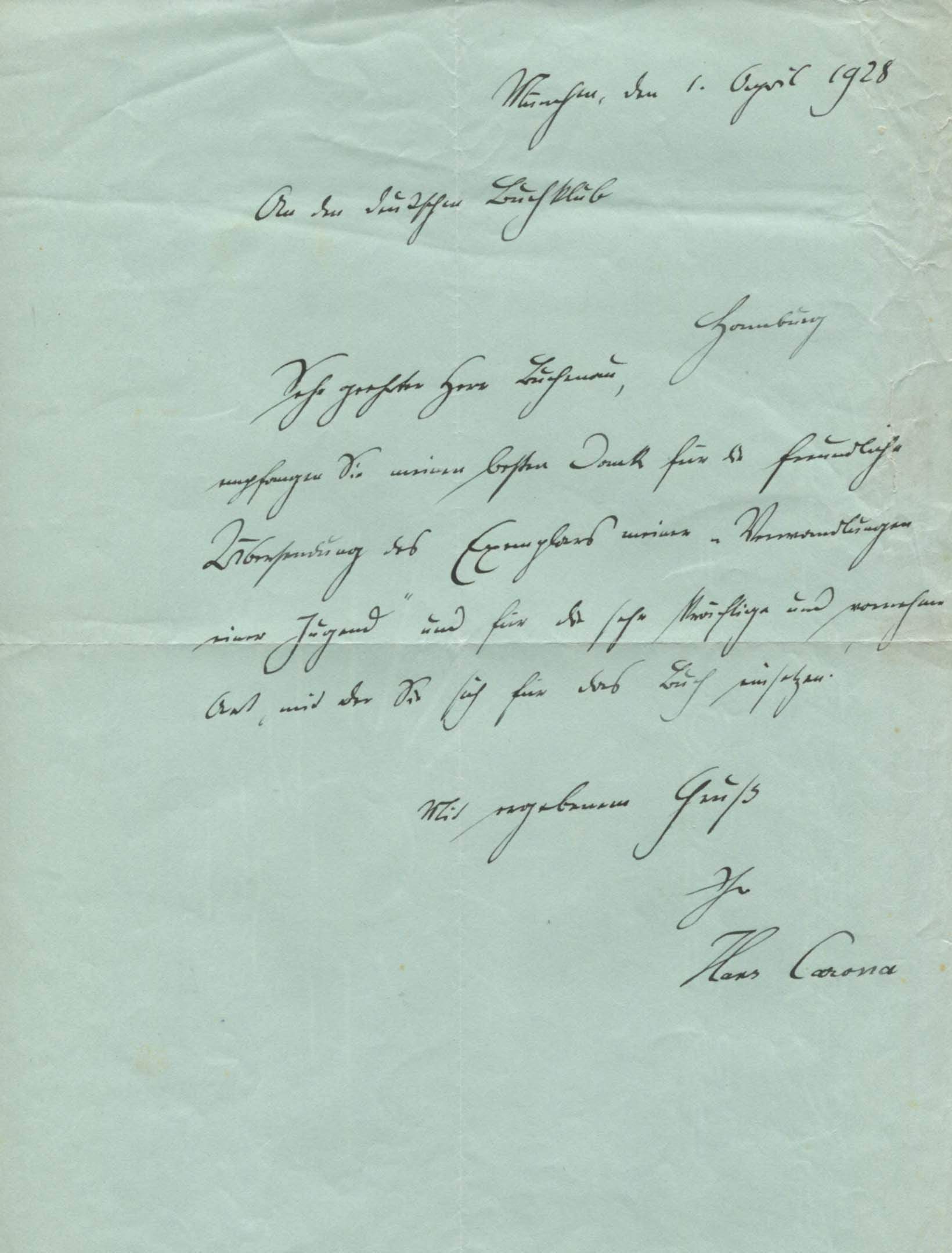 Carossa, Hans autograph