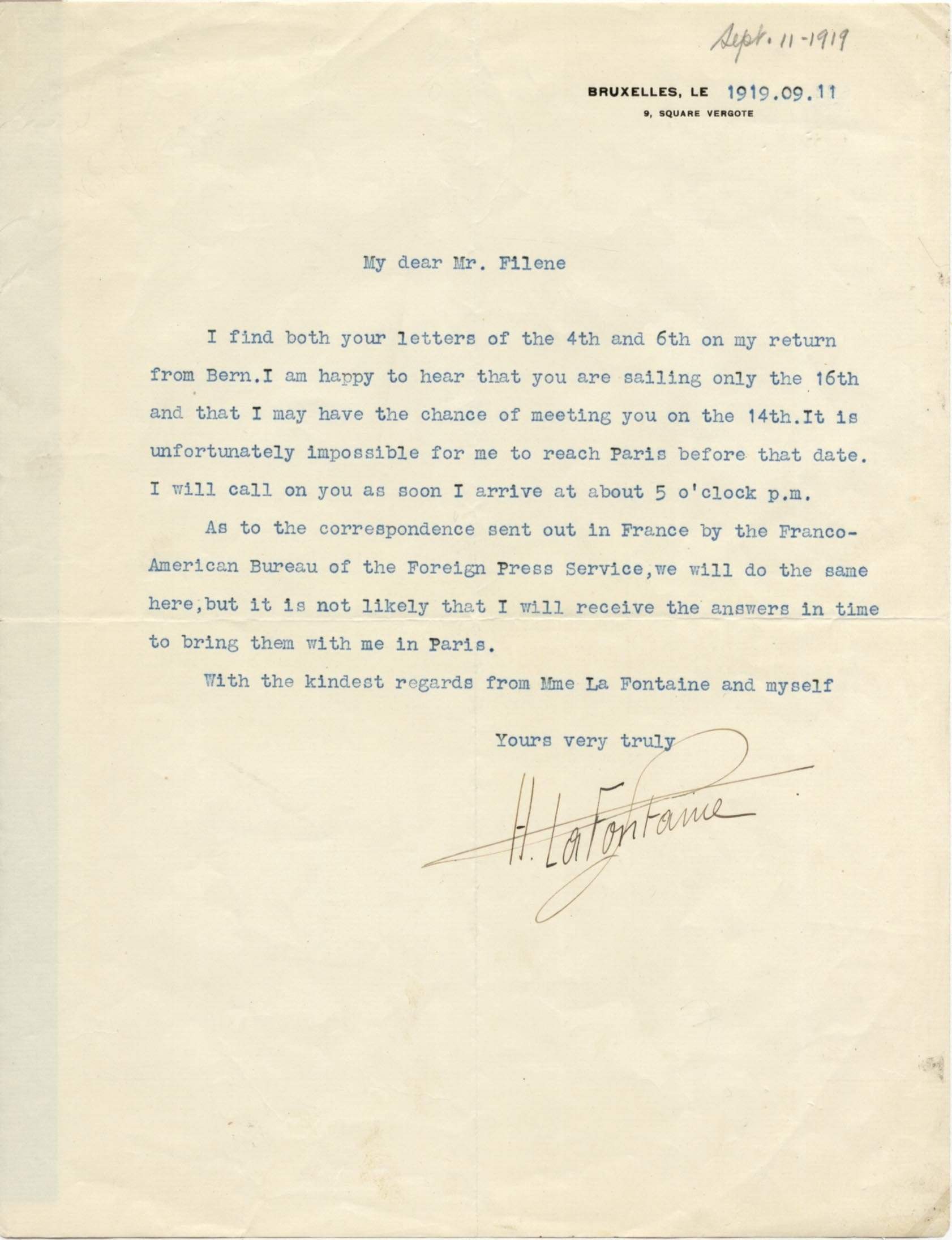 La Fontaine, Henri autograph