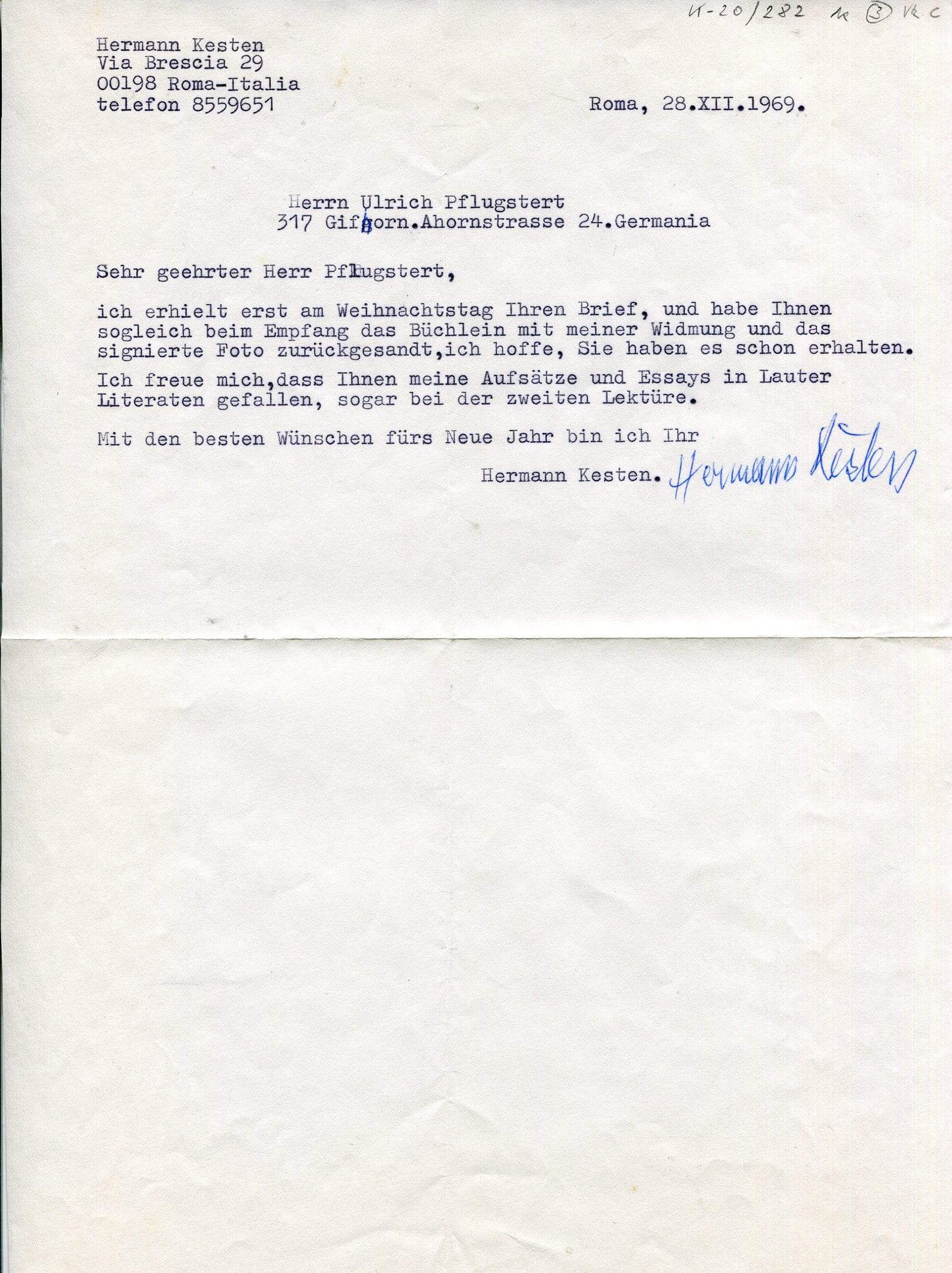 Kesten, Hermann autograph