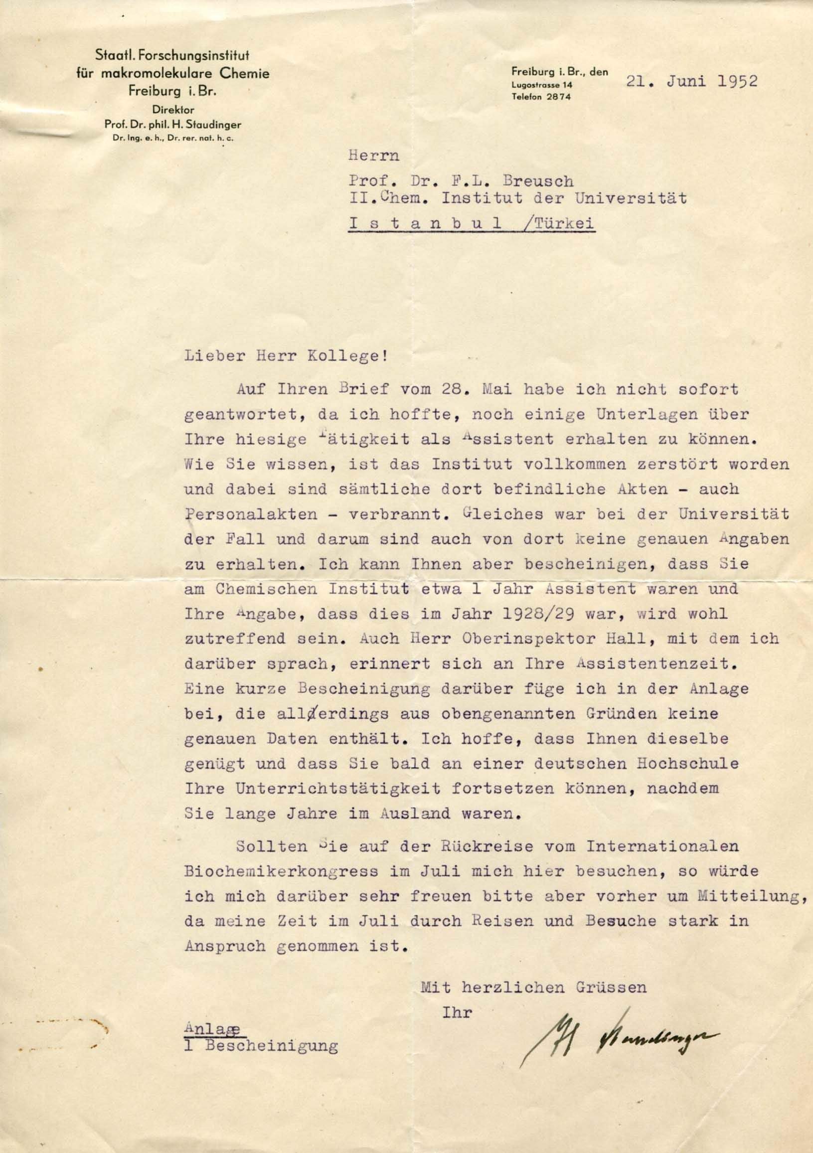 Staudinger, Hermann autograph