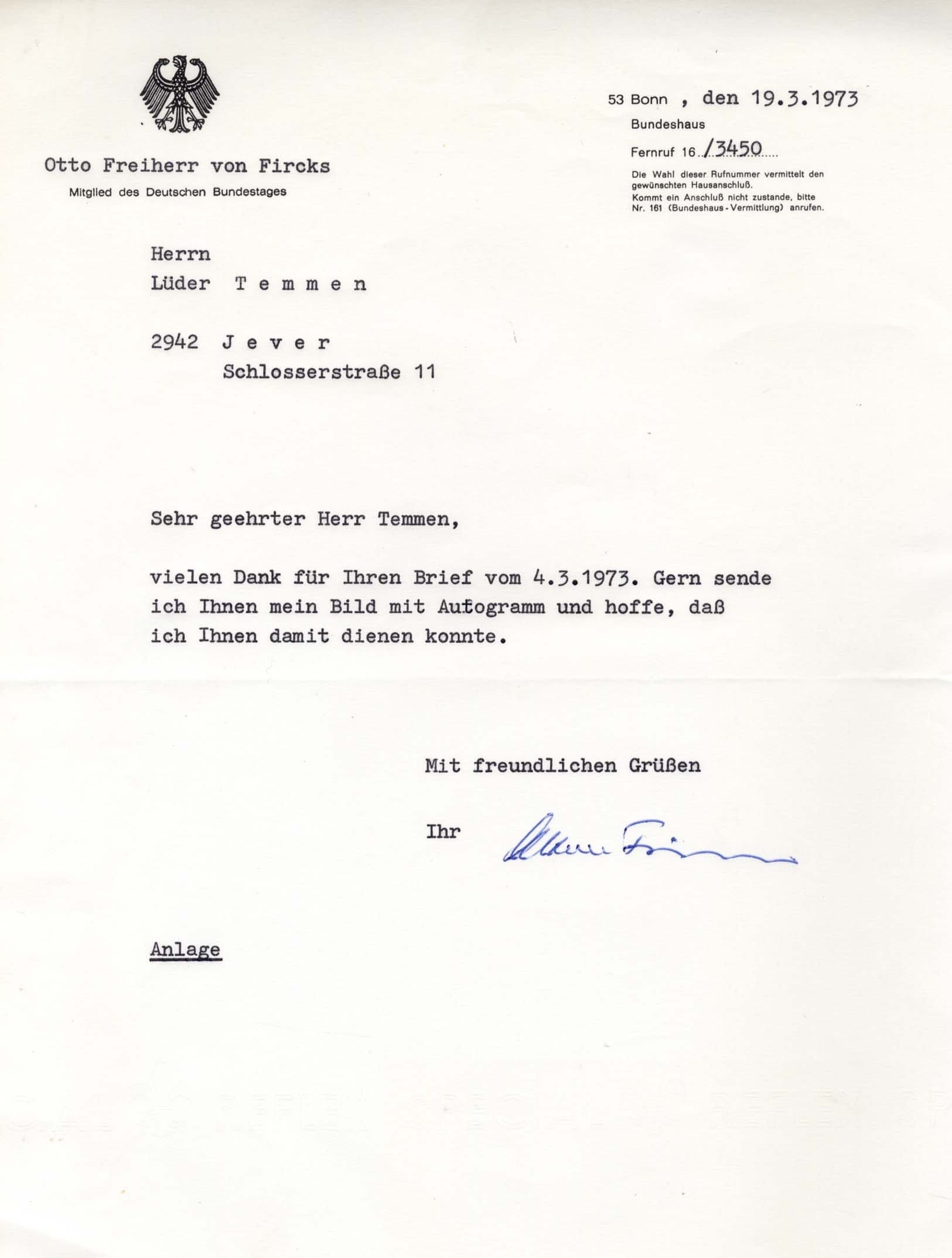 Freiherr von Fircks, Otto autograph