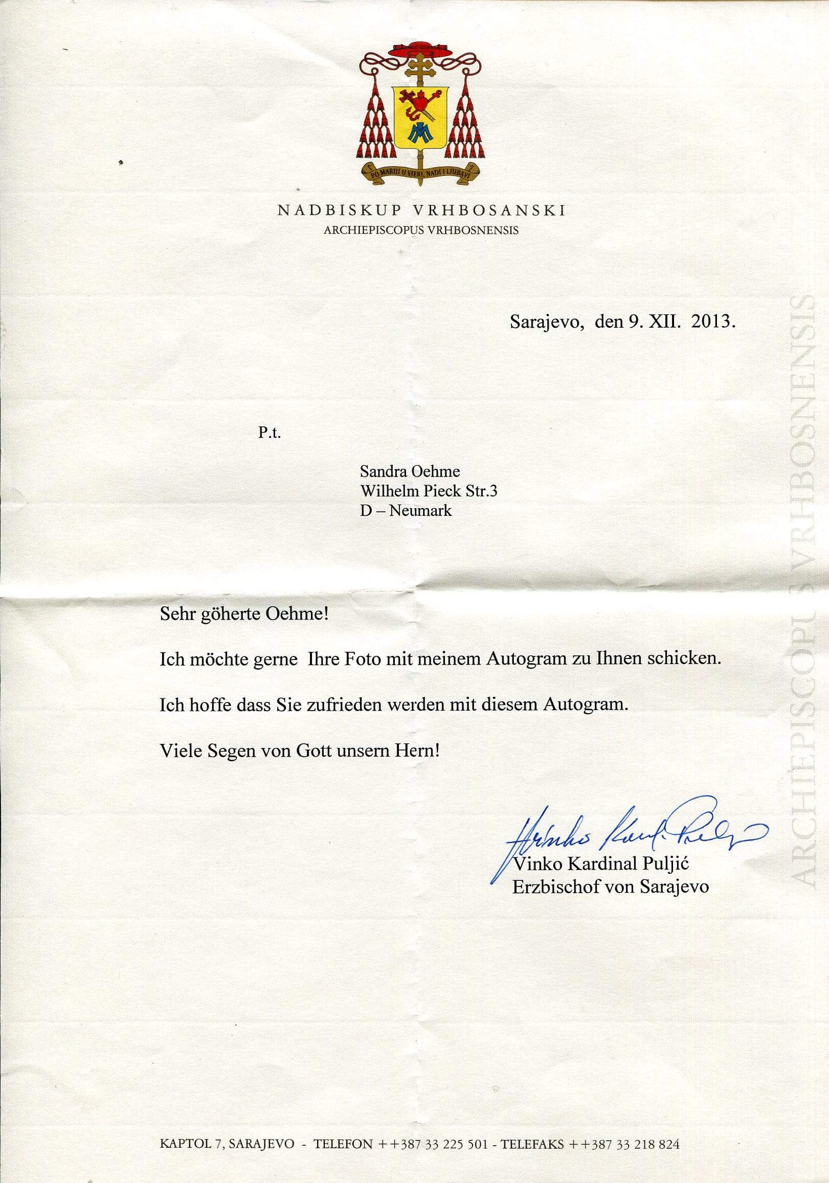 Cardinal Puljić, Vinko autograph
