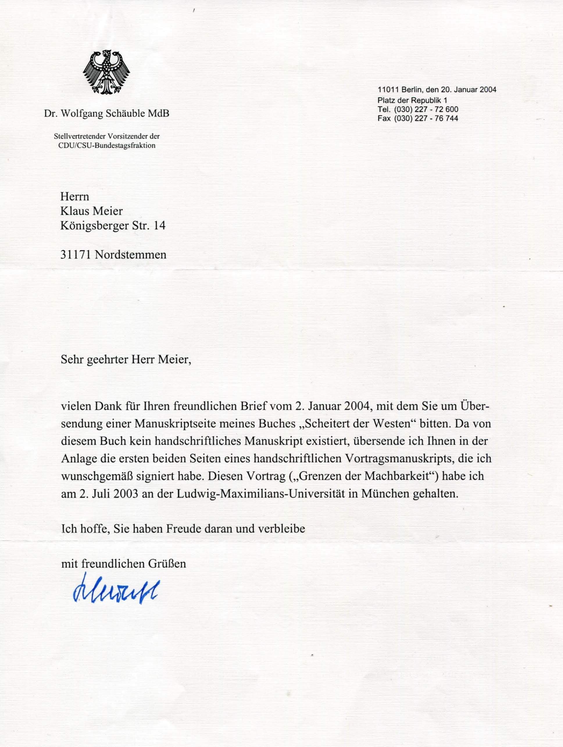 Schäuble, Wolfgang autograph