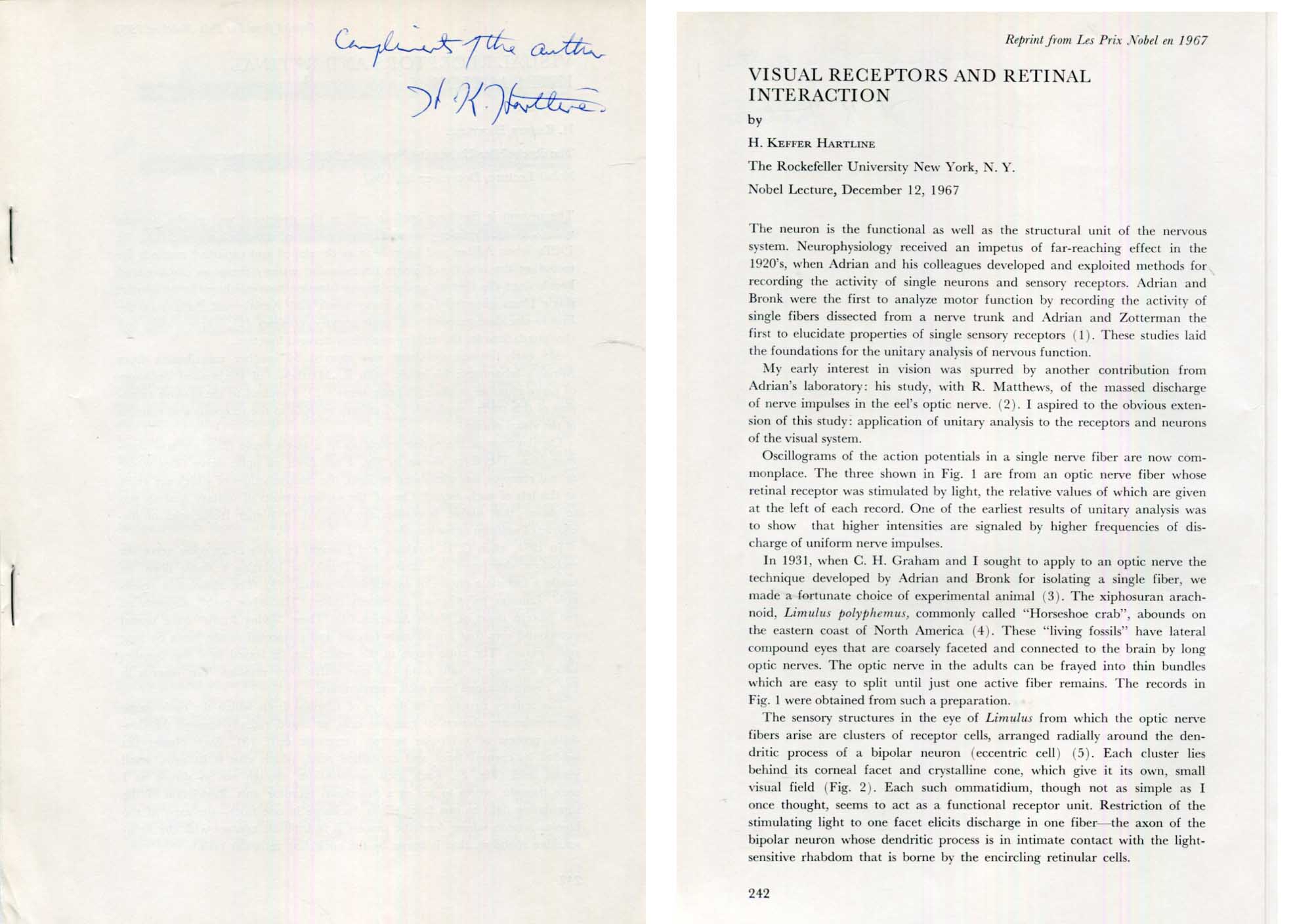 Haldan Keffer Hartline Autograph