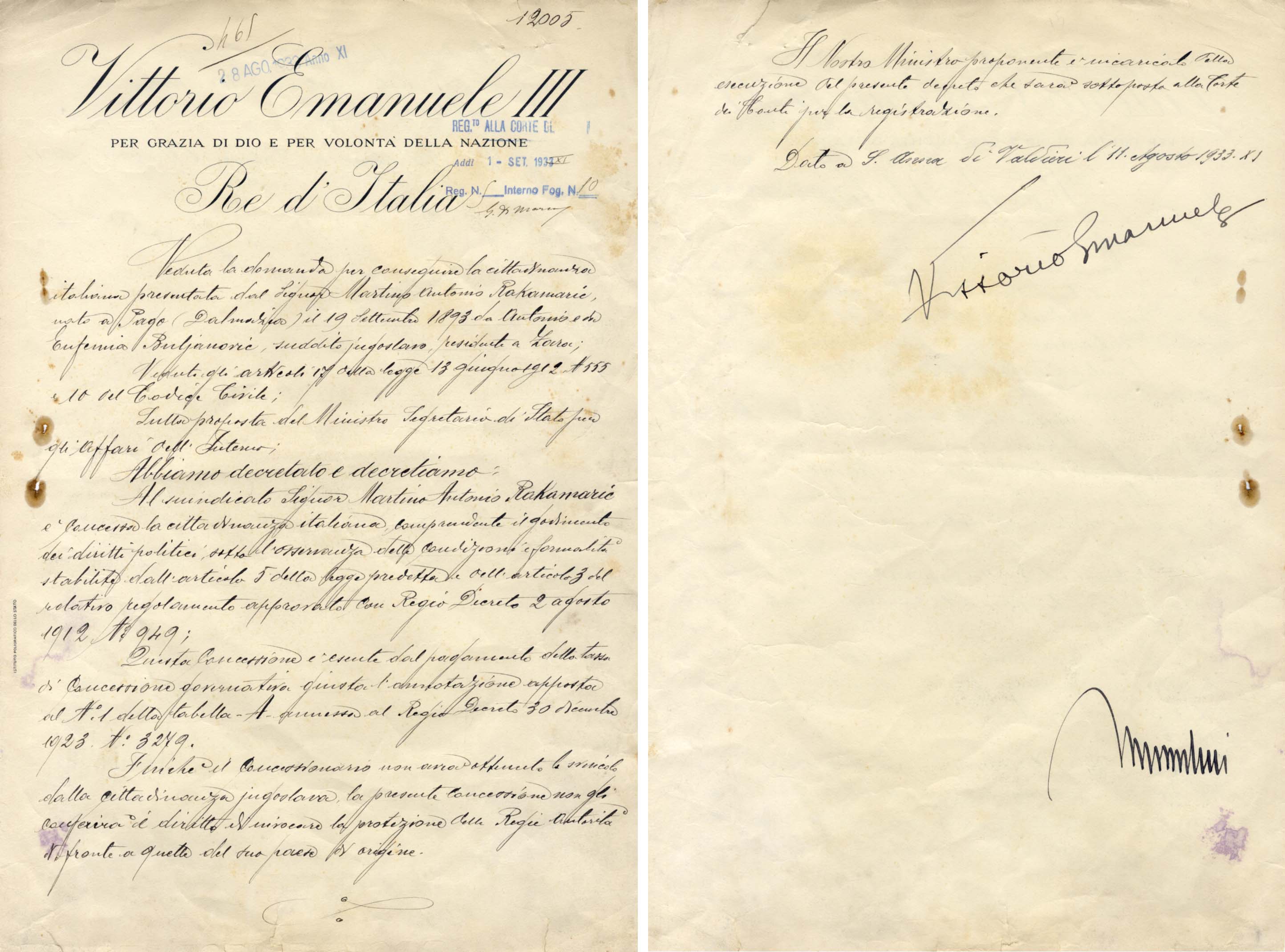 Benito Mussolini & King Vittorio Emanuele III Autographs