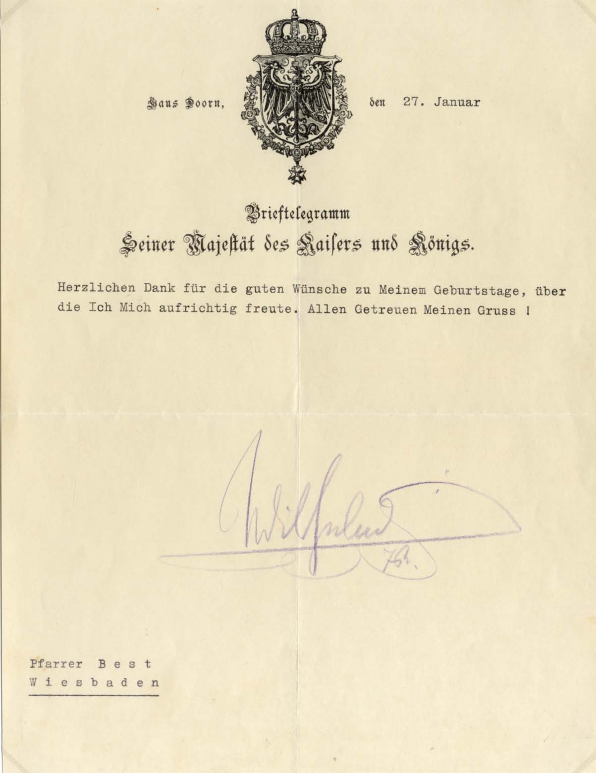 WILHELM II, German Emperor & Hermine Reuss of Greiz Autographs