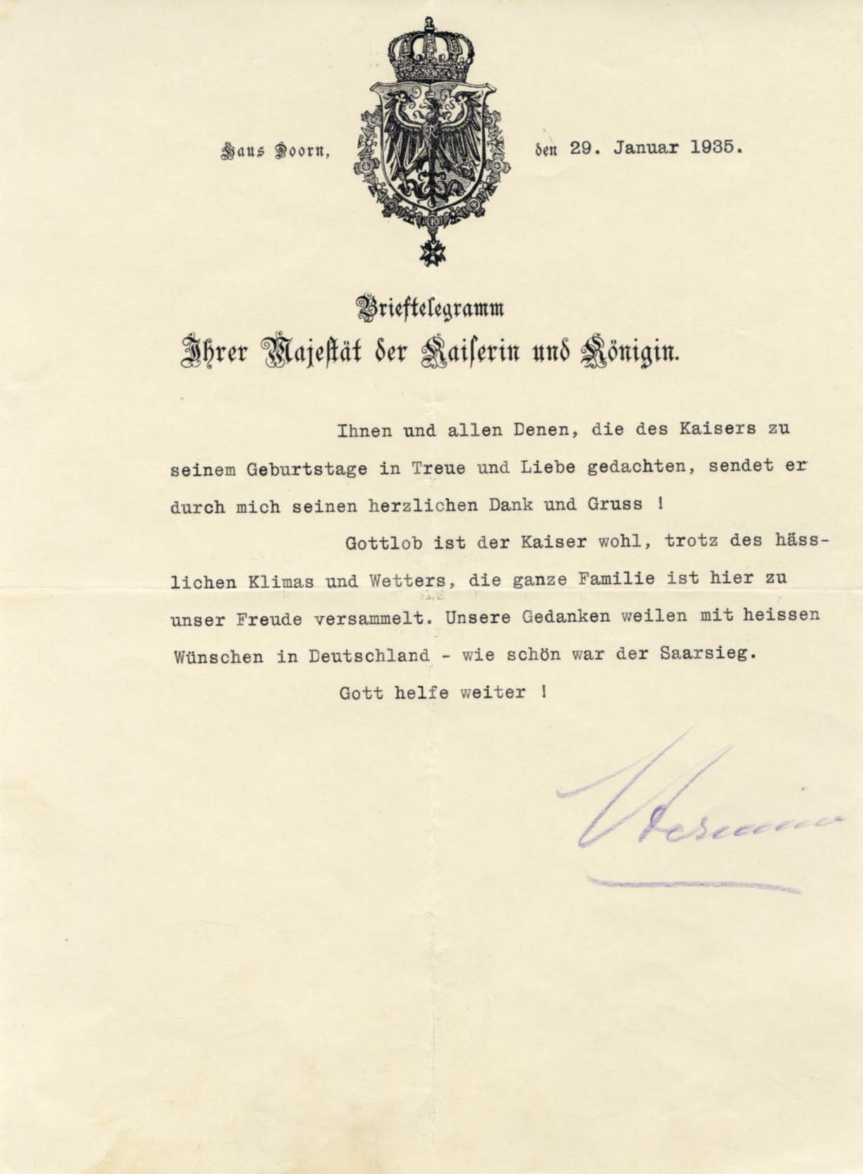 WILHELM II, German Emperor & Hermine Reuss of Greiz Autographs