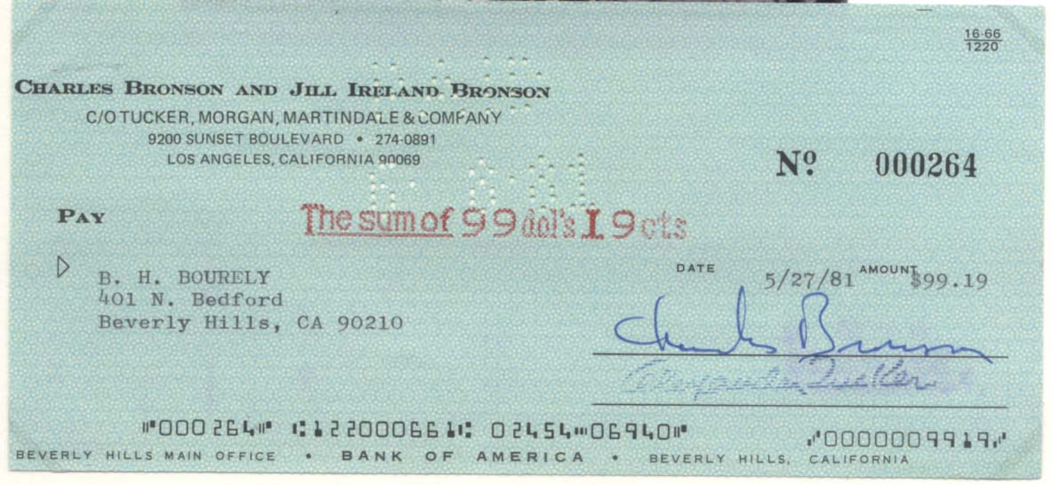 Charles Bronson autograph, signed check & mounted