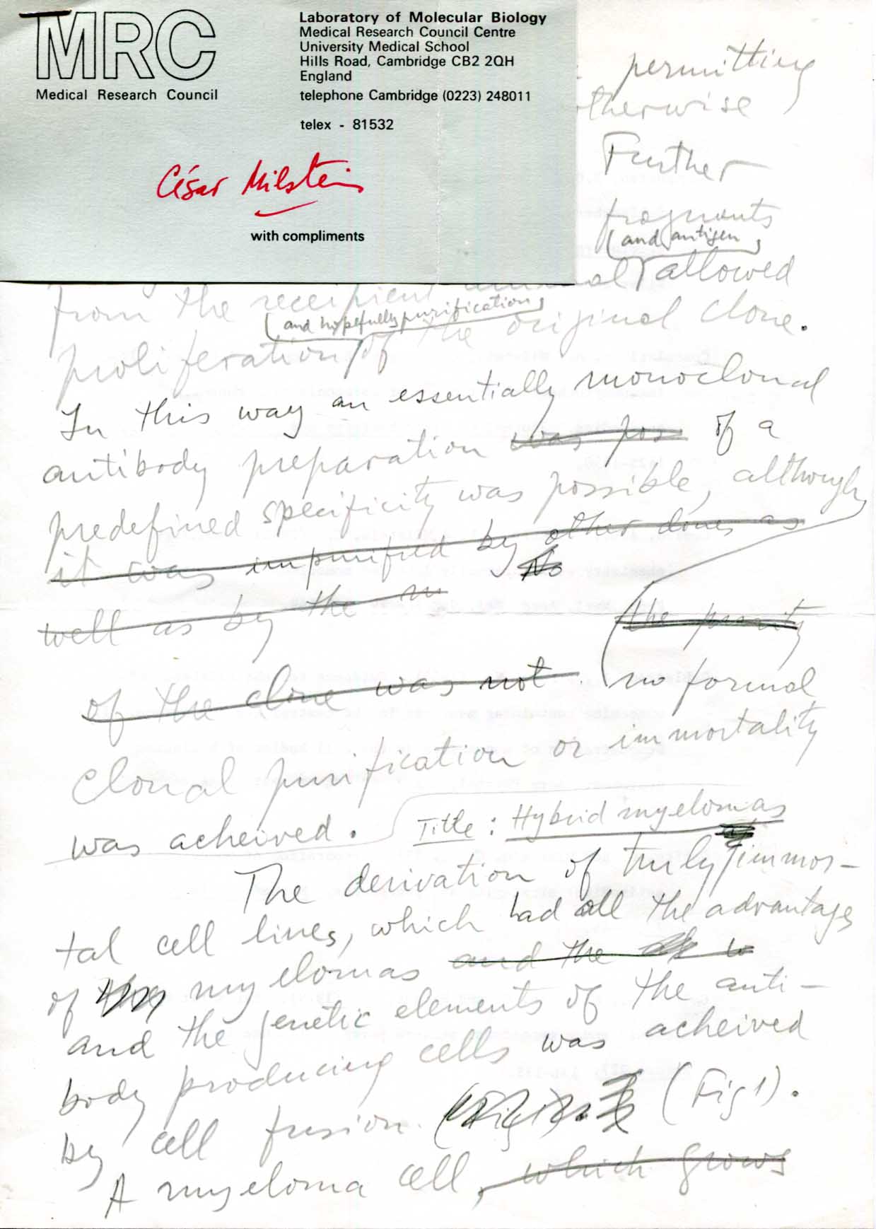 César Milstein Autograph