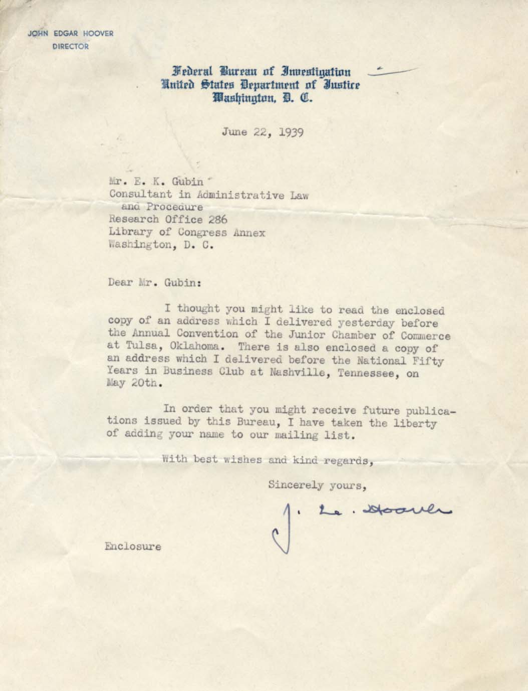 John Edgar Hoover Autograph