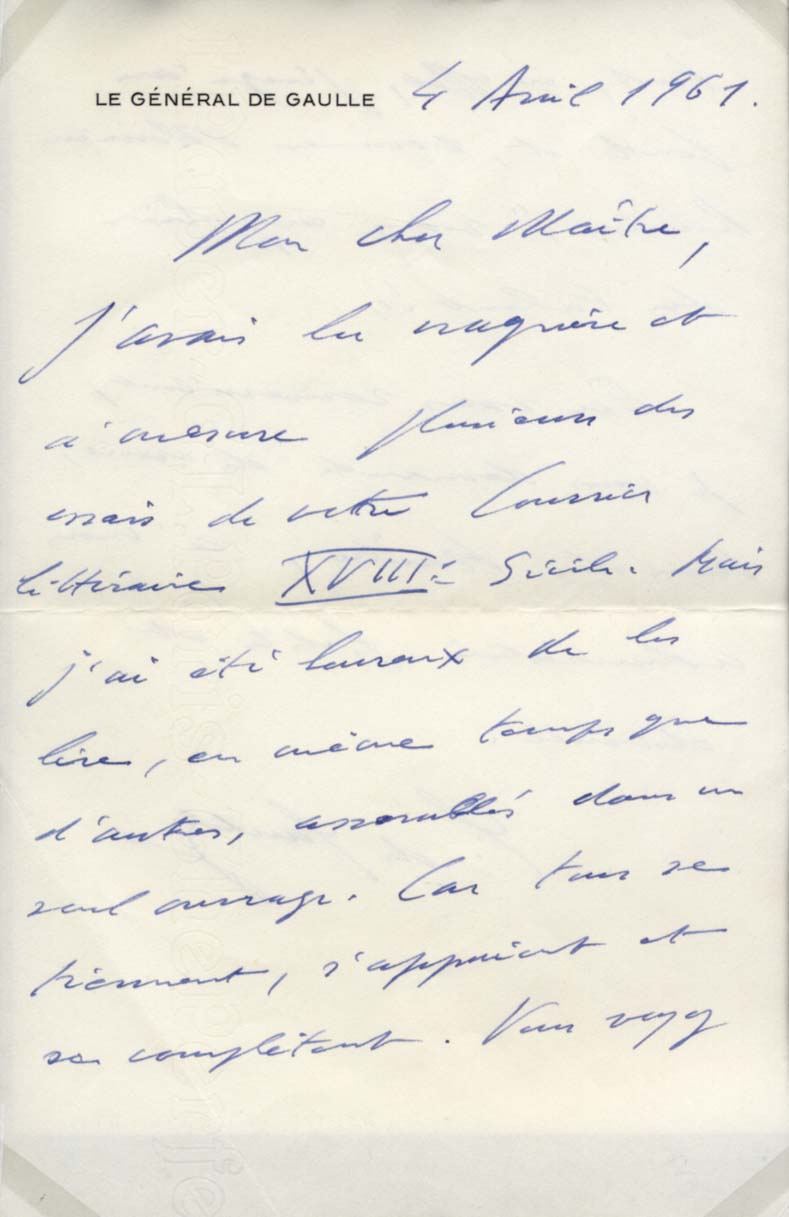 Charles de Gaulle autograph letter signed & mounted