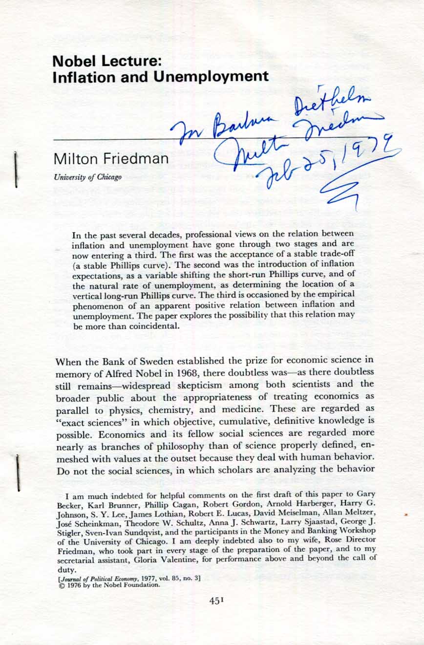 Milton Friedman Autograph