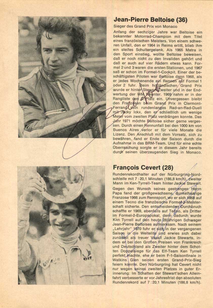 Nürburgring FORMULA ONE GP 1972 Autographs
