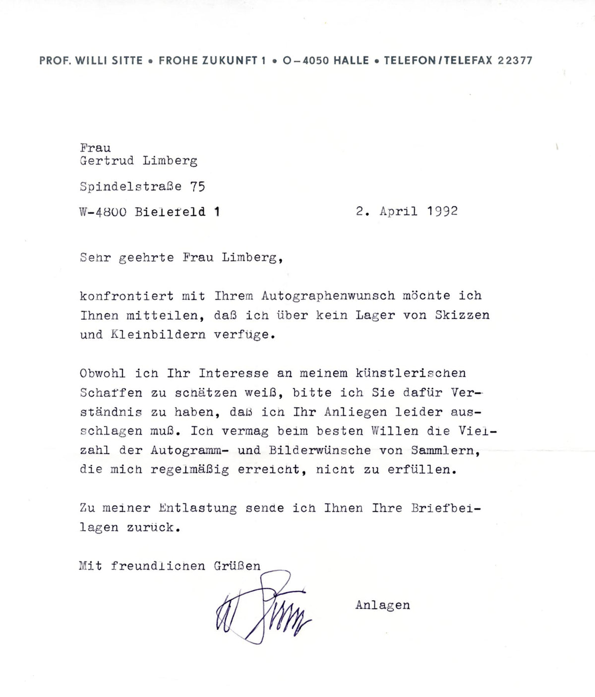 Willi Sitte Autograph Autogramm | ID 16071595458941