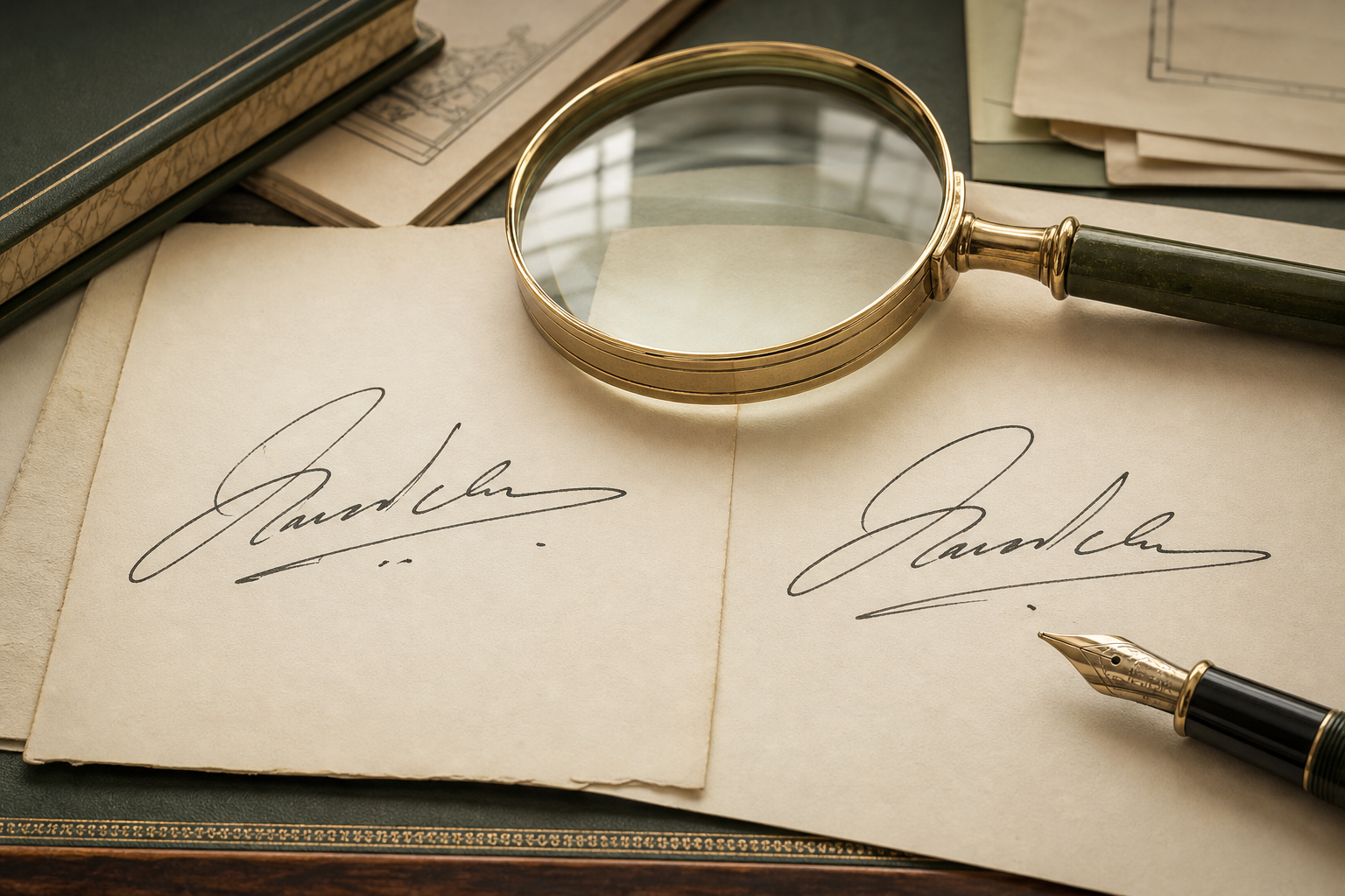 Two matching autograph samples under a magnifying glass in the ISITREAL reference library