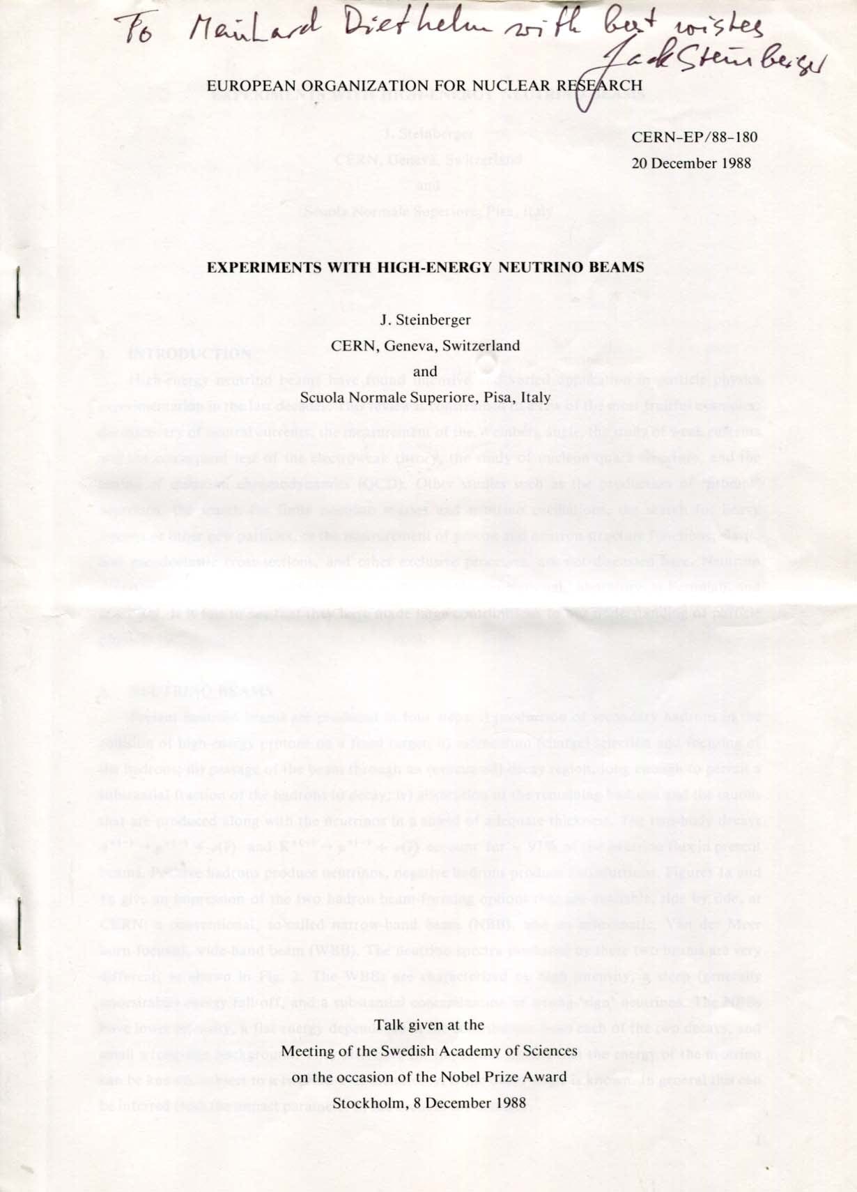 Jack Steinberger Autograph | signed programmes / books