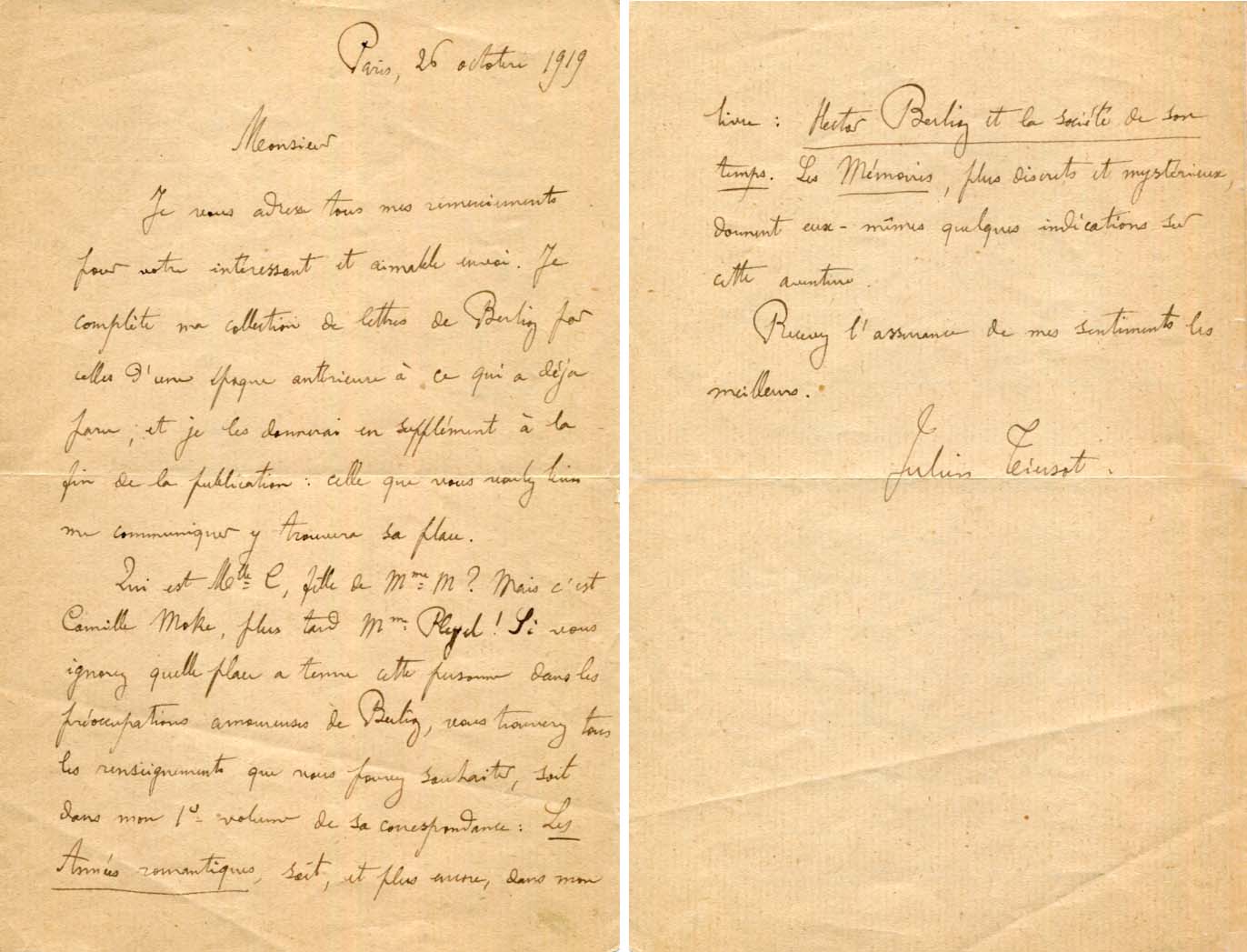 Julien Tiersot autograph letter signed