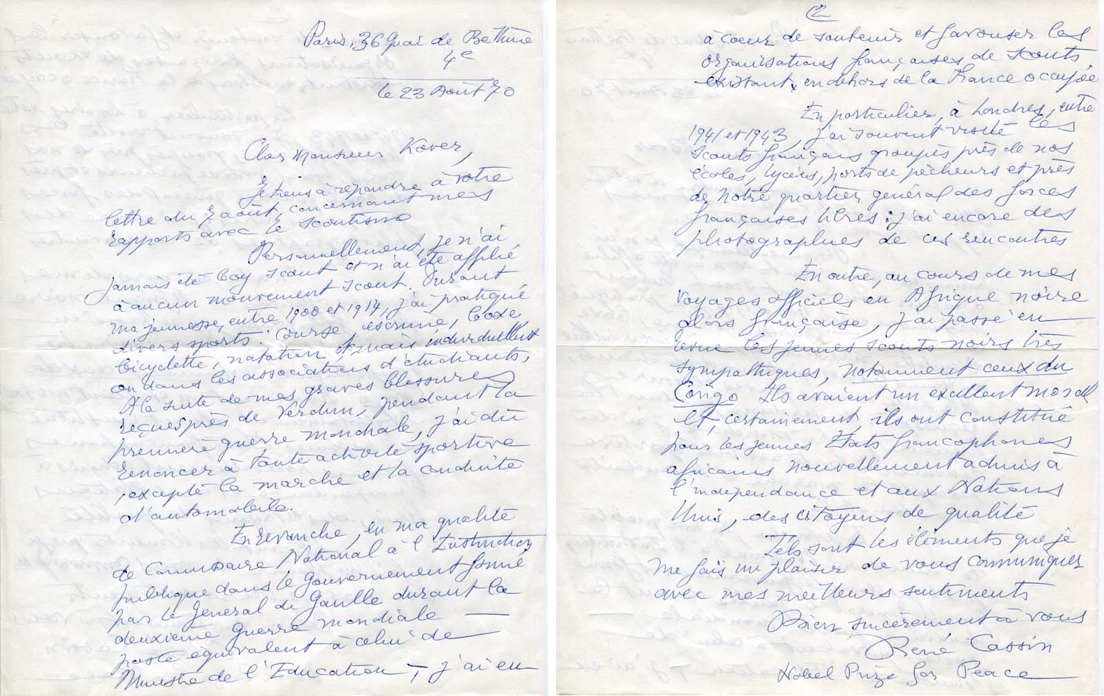 René Cassin autograph letter signed