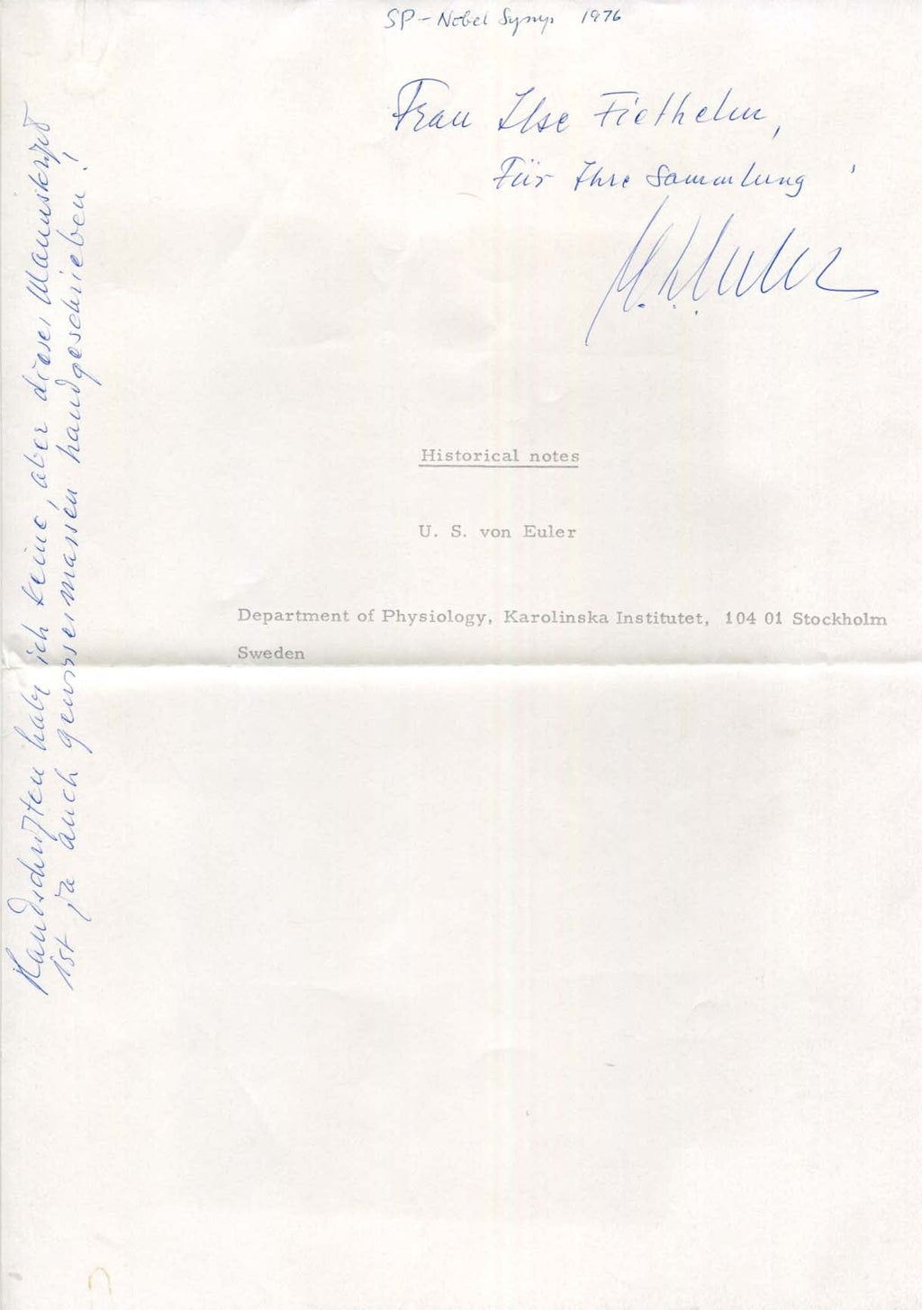 Ulf von Euler Autograph signed programmes / books