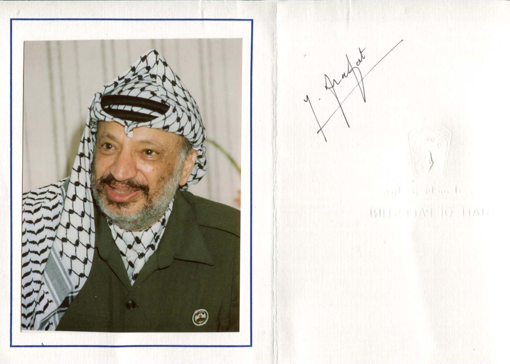 Yasser Arafat Autogramm, signierte repräsentative Mappe mit Photo