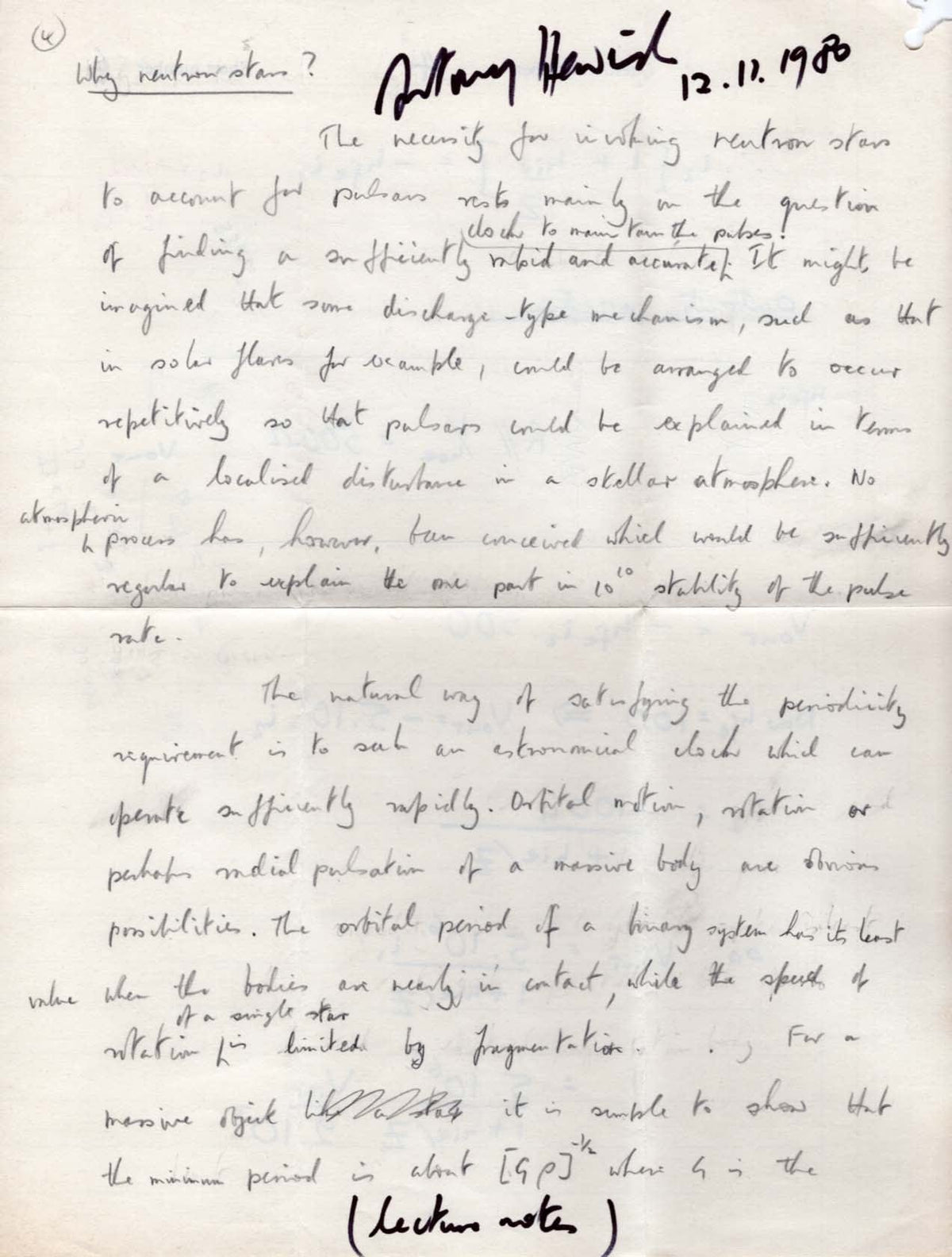 Antony Hewish Autograph manuscript signed