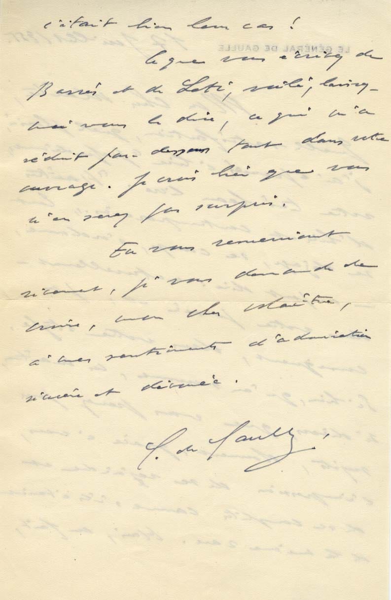 GAULLE Charles de. Général. Président de la République française. Lettre  autographe au général Boudhors, 1951 (Réf. G 3626)