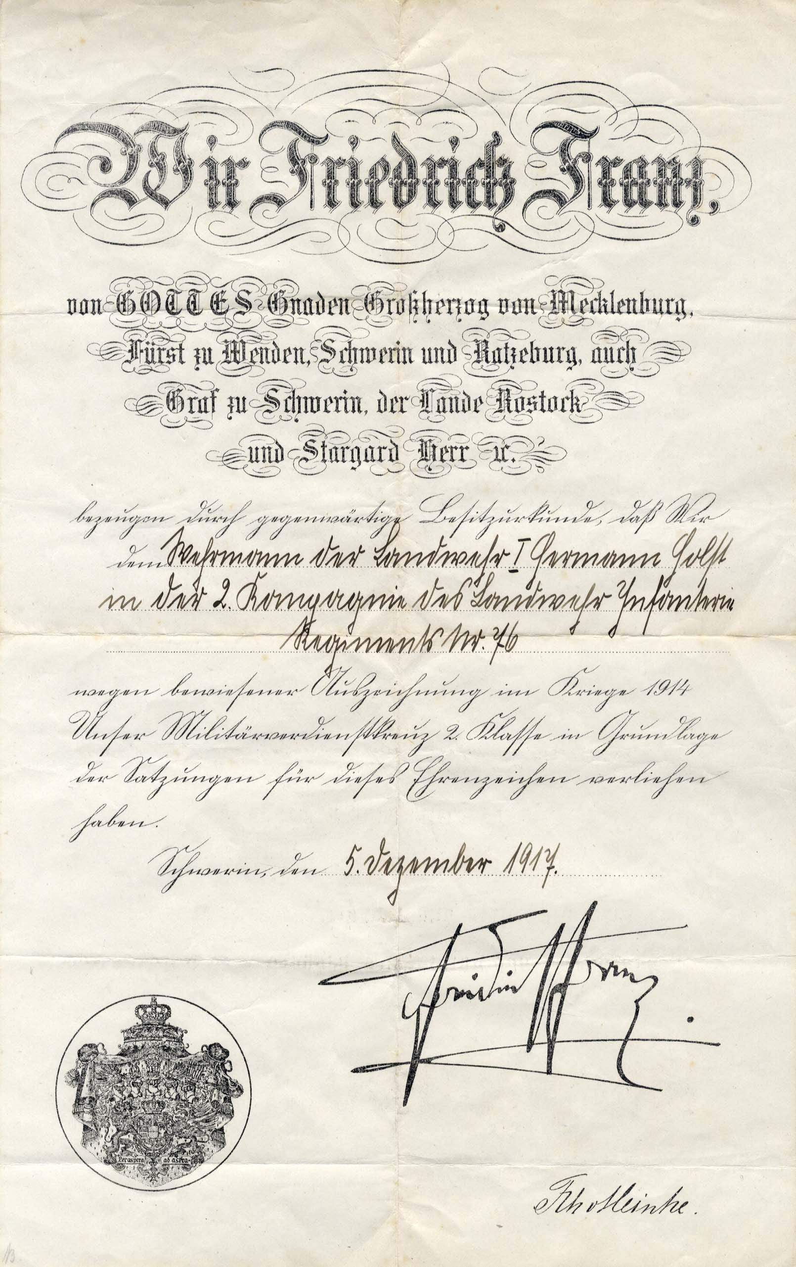 Frederick Francis IV, Grand Duke of Mecklenburg-Schwerin autograph