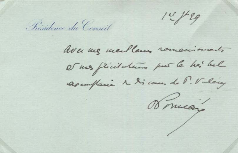 Letter of appreciation from former President Poincare of France to