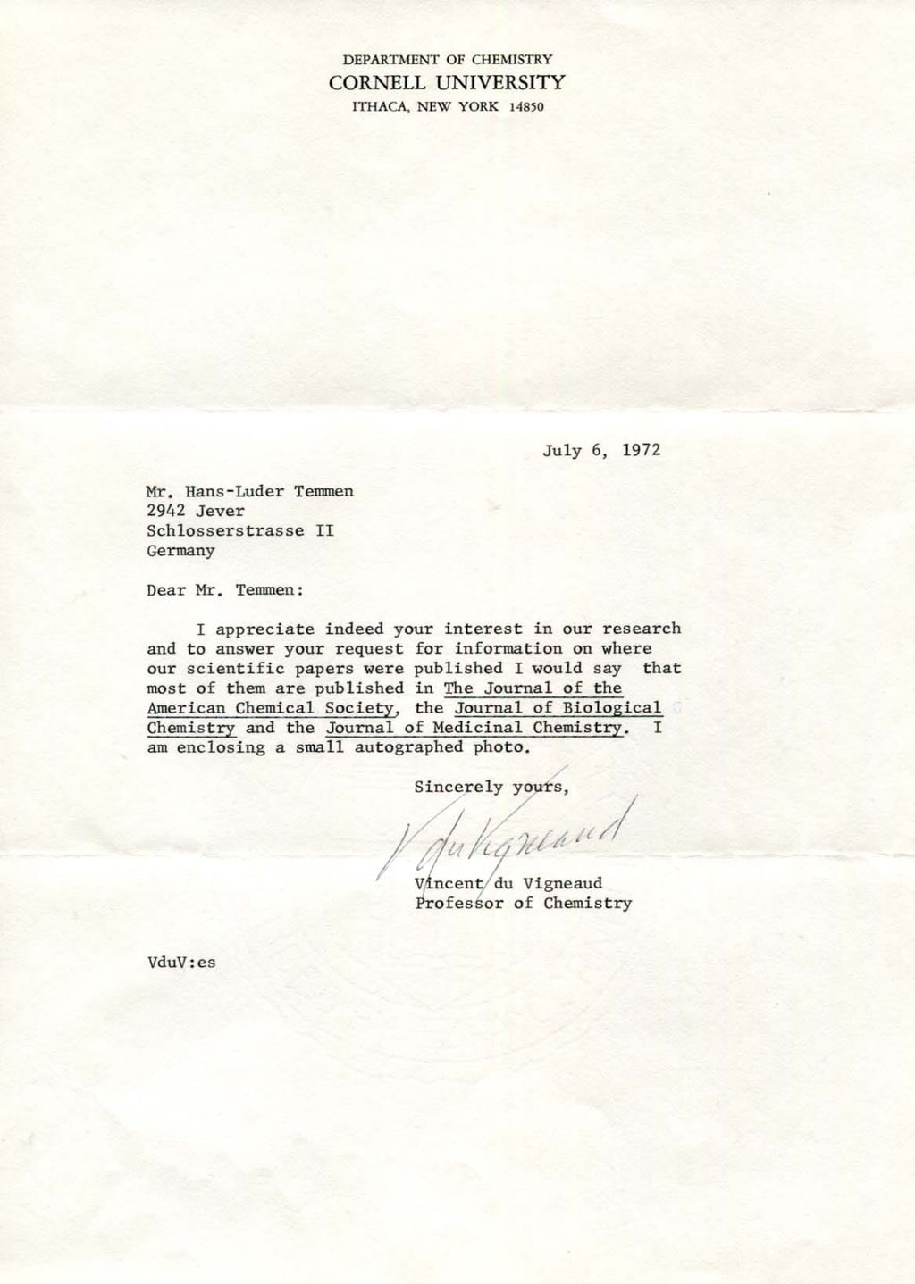 Vincent du Vigneaud Autograph signed letters